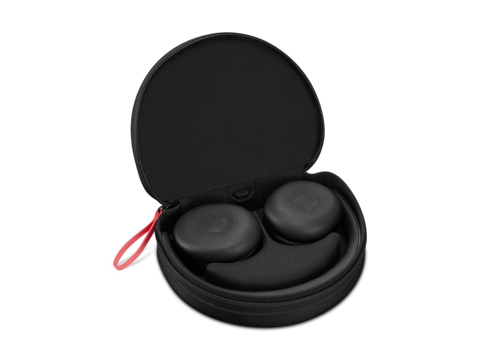 Cuffie nere dentro una custodia rotonda aperta con anello rosso.