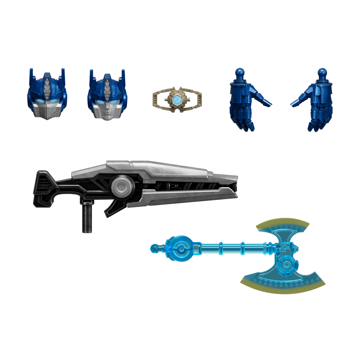 Zwei blaue Transformer-Köpfe, ein Ring, zwei Hände, eine Waffe und eine Axt.