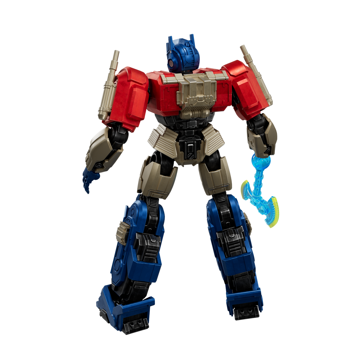 Eine blaue und rote Roboterfigur, die eine blaue Axt mit gelben Akzenten hält.