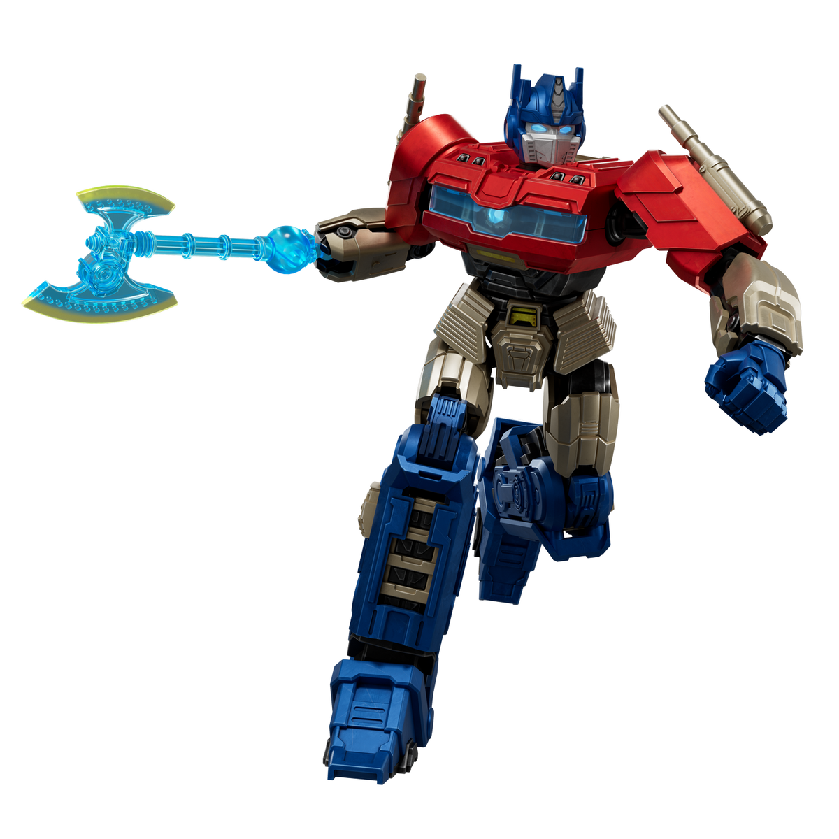 Roter, blauer und goldener Roboter mit blauer Axt auf schwarzem Grund.