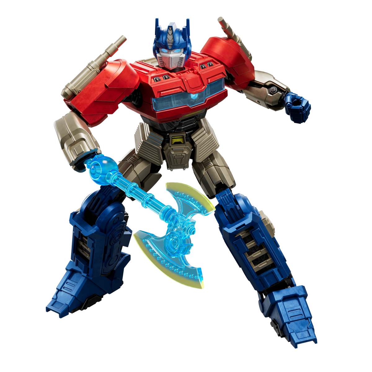 Ein detailliertes Spielzeug von Optimus Prime mit einer blauen Axt auf schwarzem Hintergrund.