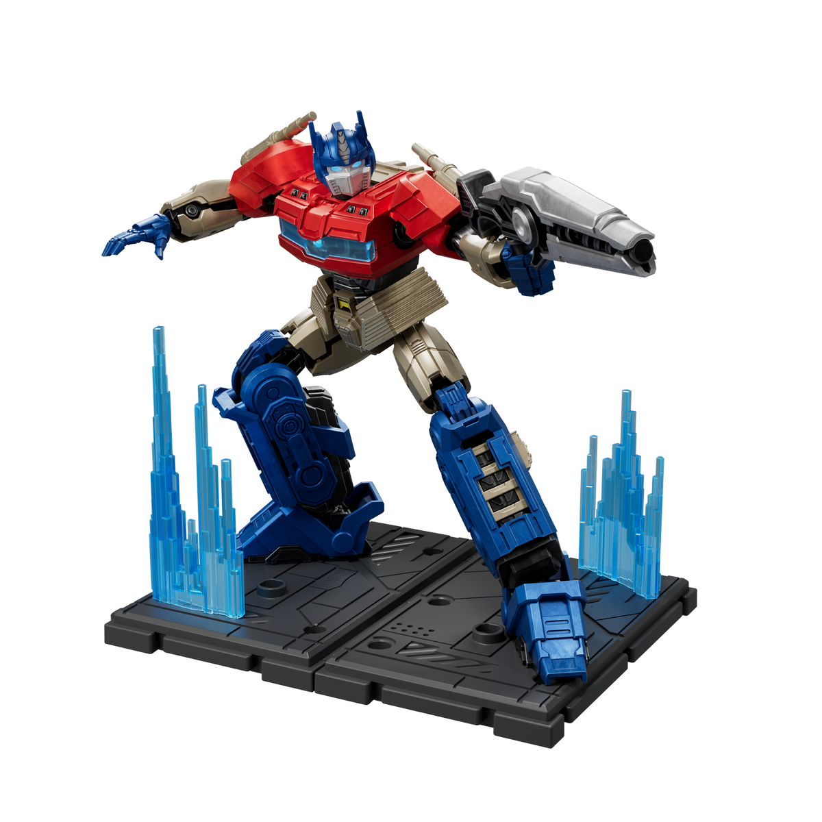 Roter und blauer Optimus Prime Spielzeug mit silberner Waffe auf Sockel mit blauen Energieeffekten.