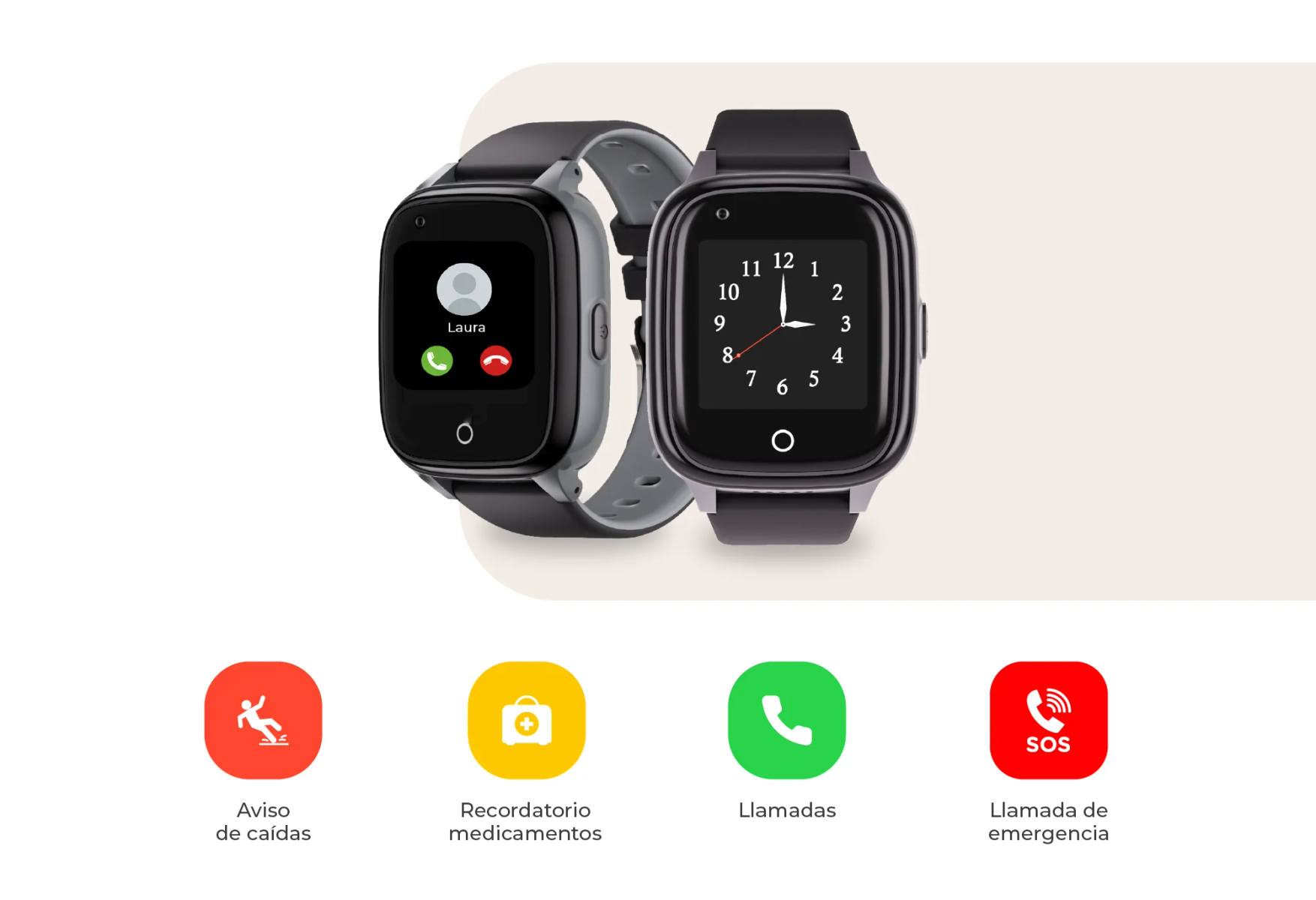 Dos relojes inteligentes, uno muestra una llamada de Laura, el otro la hora.