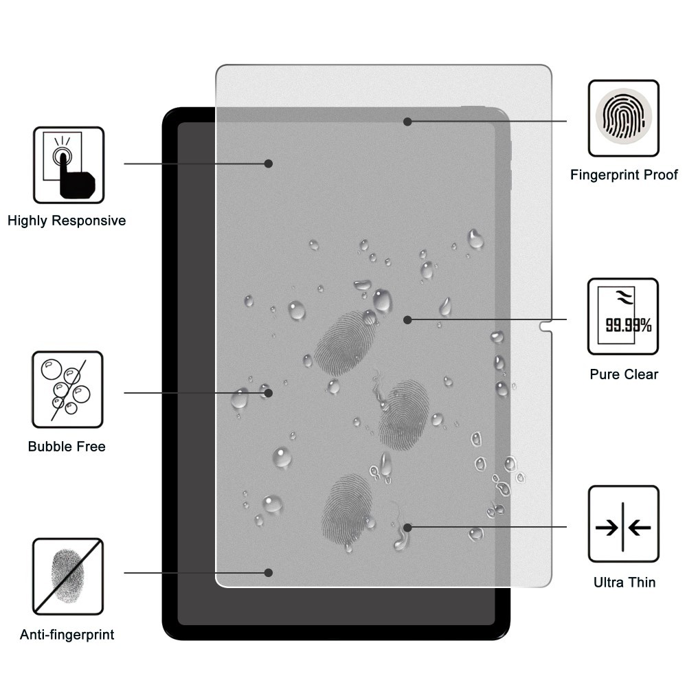 Tablet screen protector with features: fingerprint proof, pure clear, ultra thin, bubble free, highly responsive.