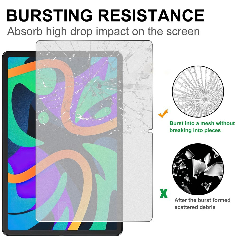 Tempered glass on a tablet with cracks, showing it doesn't shatter upon impact.