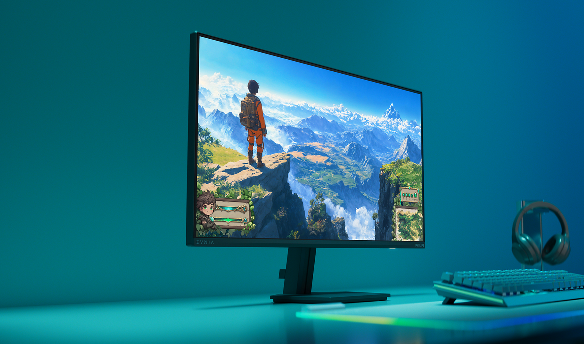 Un monitor muestra un juego de fantasía con un personaje en un acantilado con vistas a las montañas. Teclado y auriculares cerca.