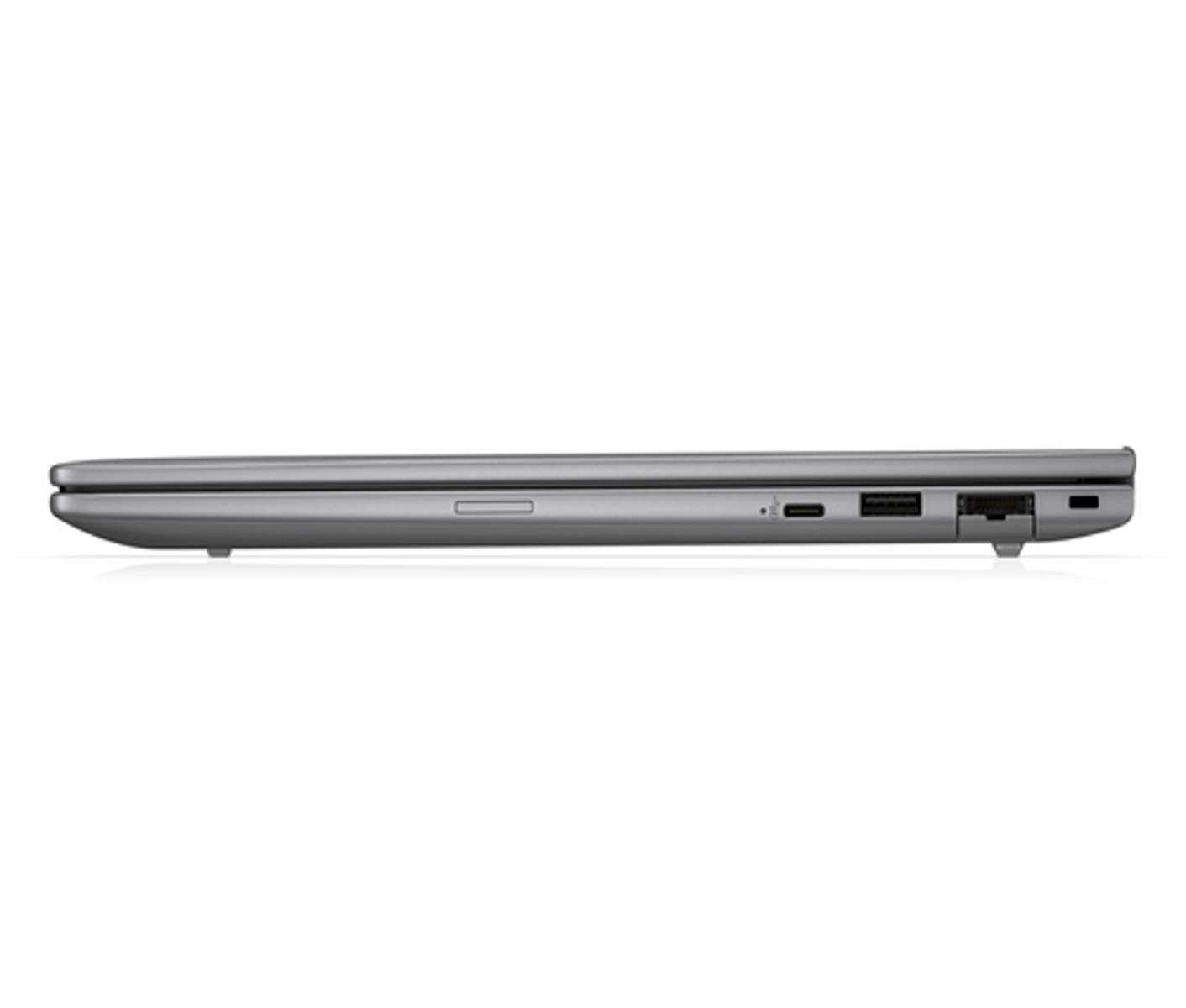 Vista lateral de laptop gris con puertos: USB-C, USB-A, HDMI.