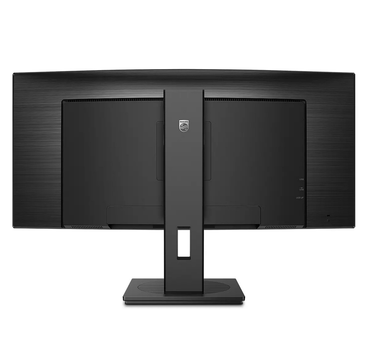 Vista trasera de un monitor Philips negro con soporte y puertos.