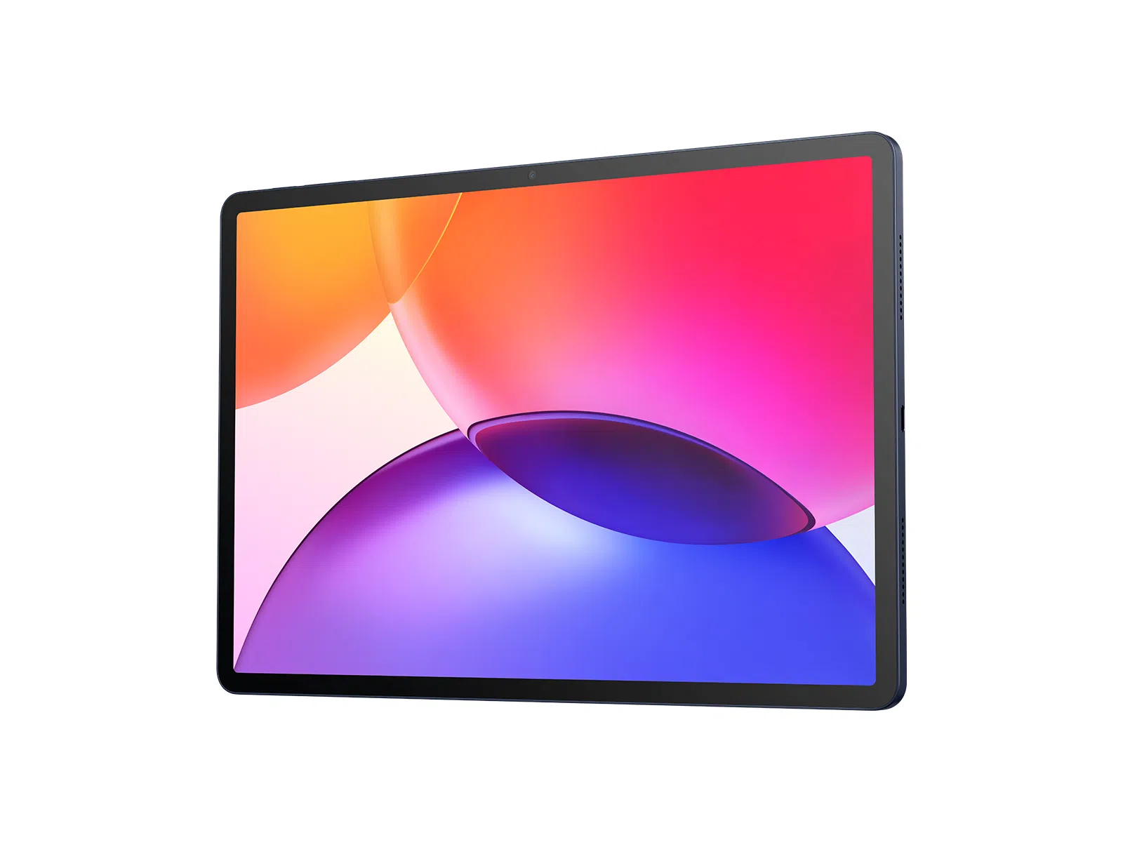 Un tablet blu scuro mostra uno sfondo vibrante con forme astratte colorate.