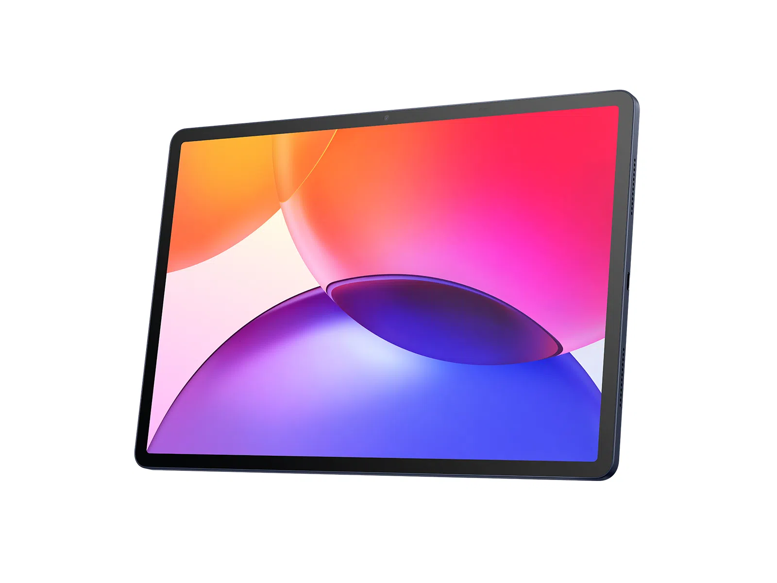 Un tablet scuro che mostra uno sfondo colorato di sfere rosse, rosa e blu.