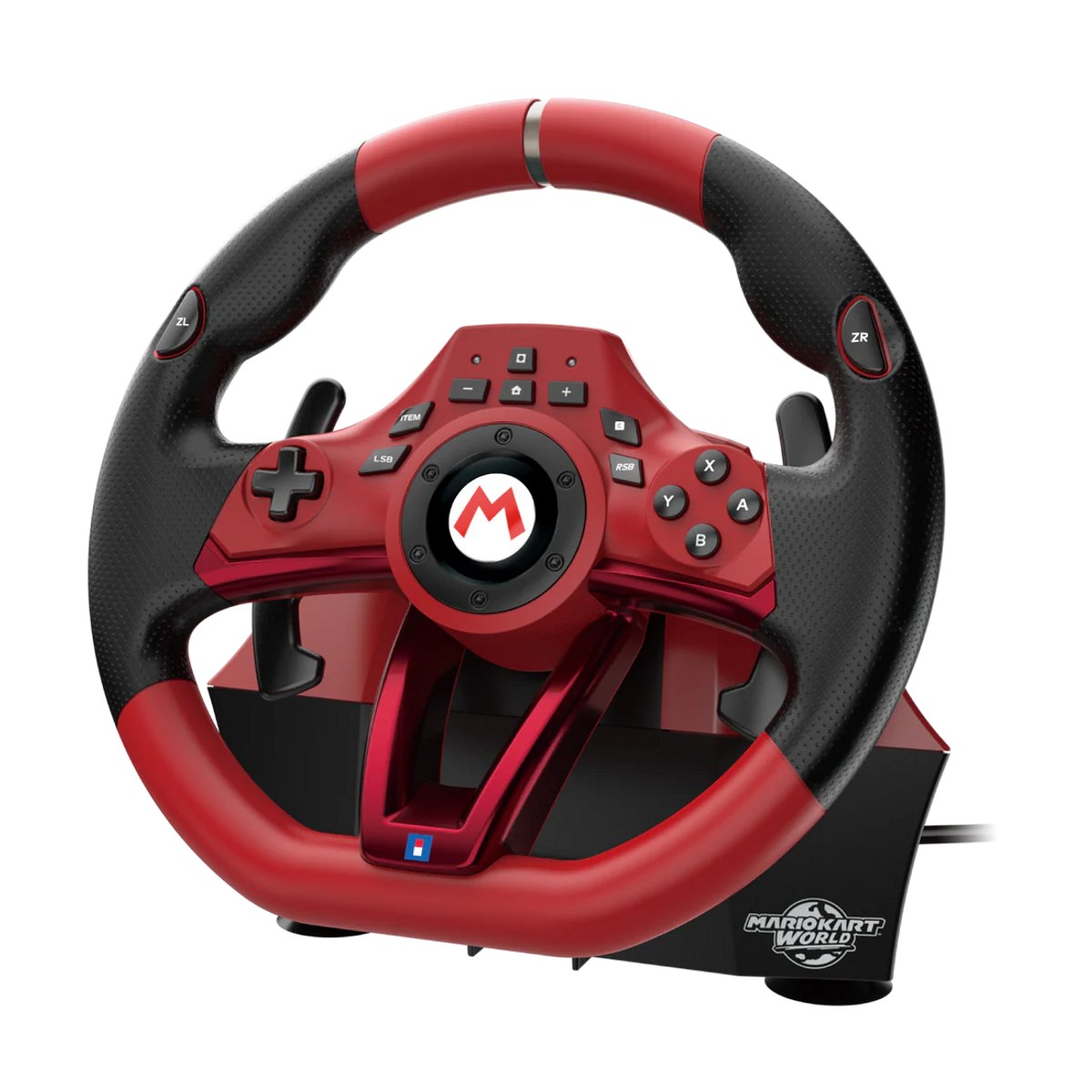 Ein rotes und schwarzes Mario Kart Rennlenkrad mit Bedienelementen und Nintendo-Logo.