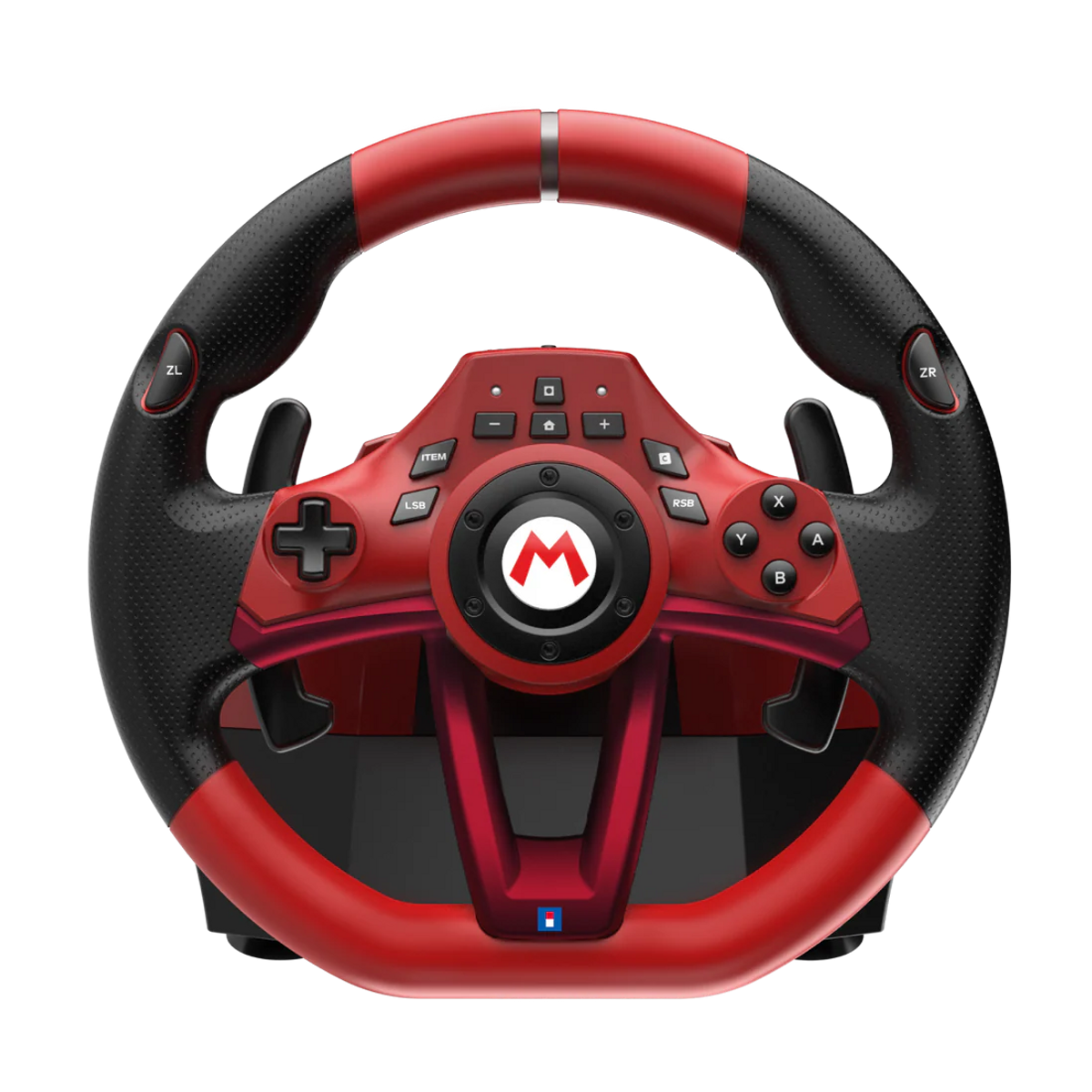 Ein roter und schwarzer Gaming-Lenkrad mit Mario-Logo und Knöpfen, auf schwarzem Hintergrund.