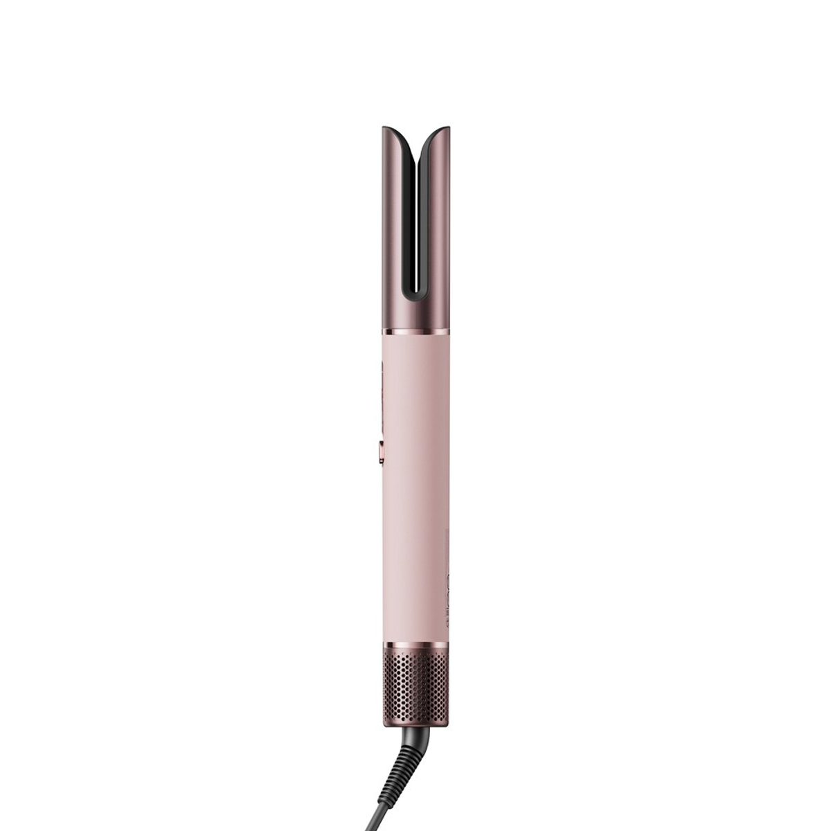 Un styler per capelli rosa con testa color oro rosa, su sfondo bianco.