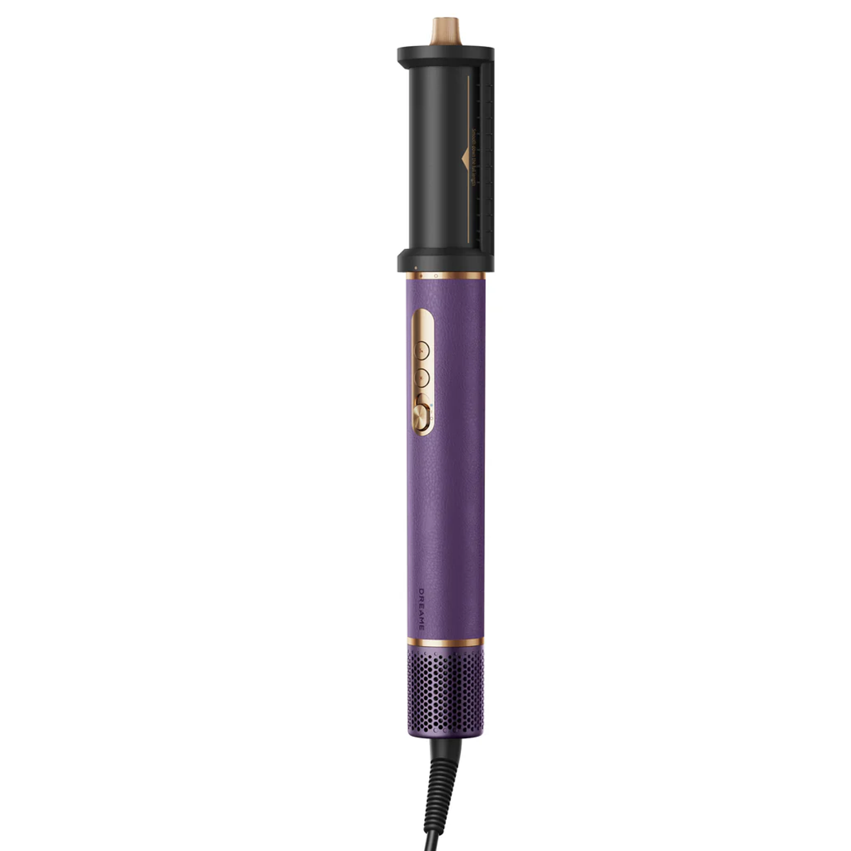 Secador de pelo morado con detalles dorados y cable negro.