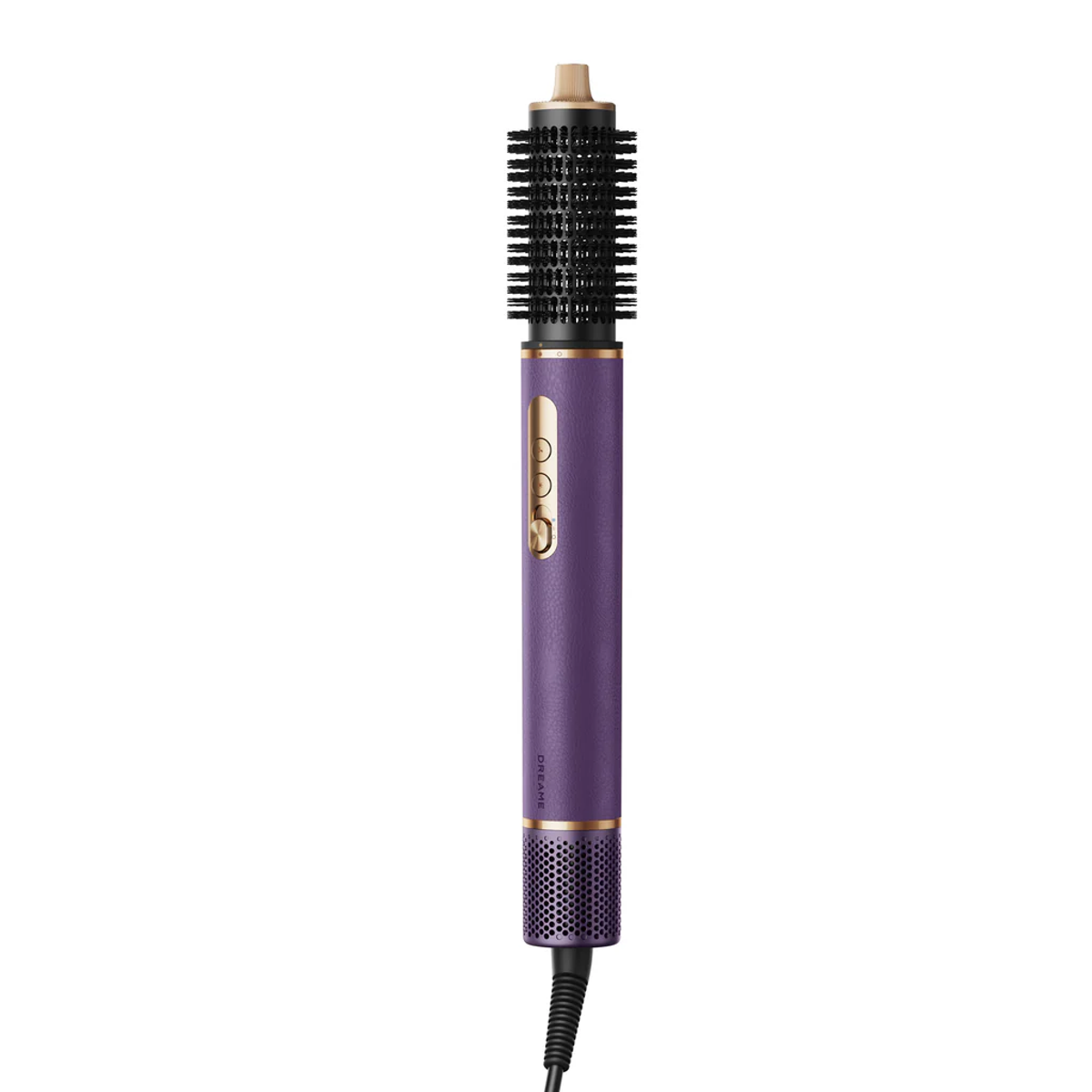 Secador de pelo morado con cepillo giratorio y detalles dorados.