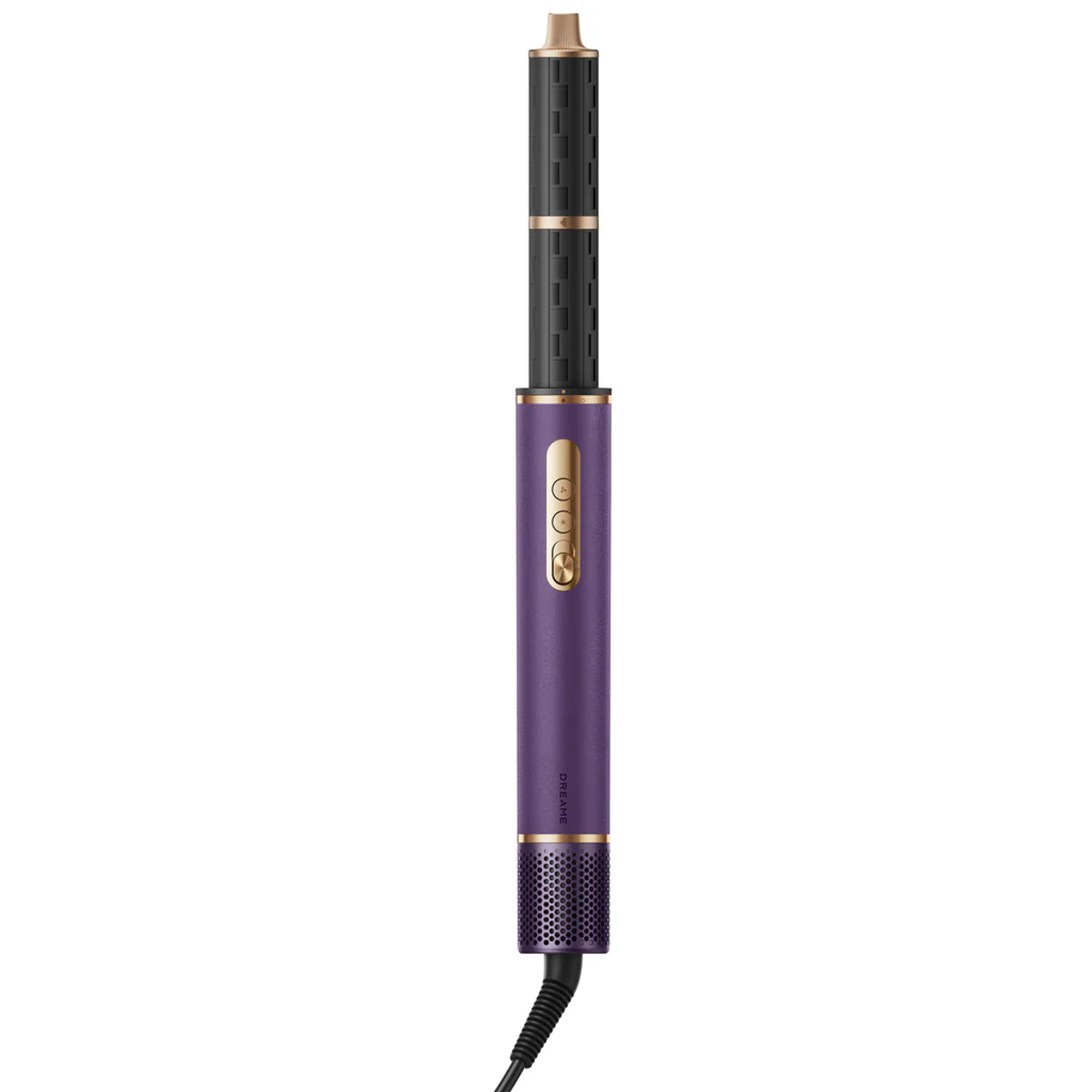 Un rizador morado con detalles negros y dorados.