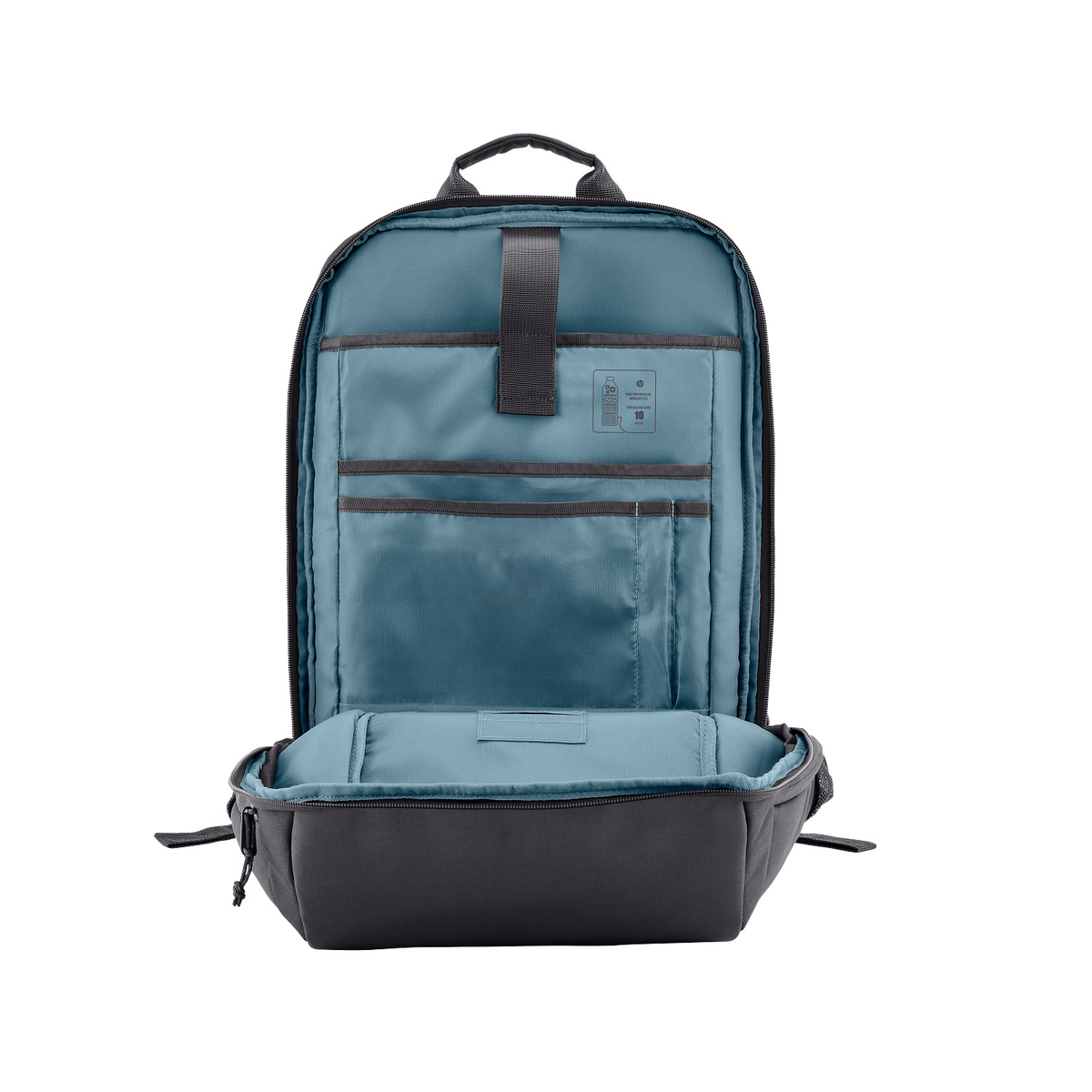 Una mochila negra abierta con interior azul y múltiples compartimentos.