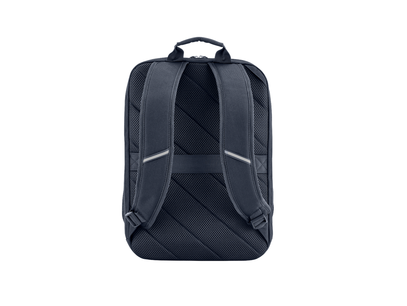 Vista trasera de una mochila azul oscuro con correas acolchadas y malla de ventilación.