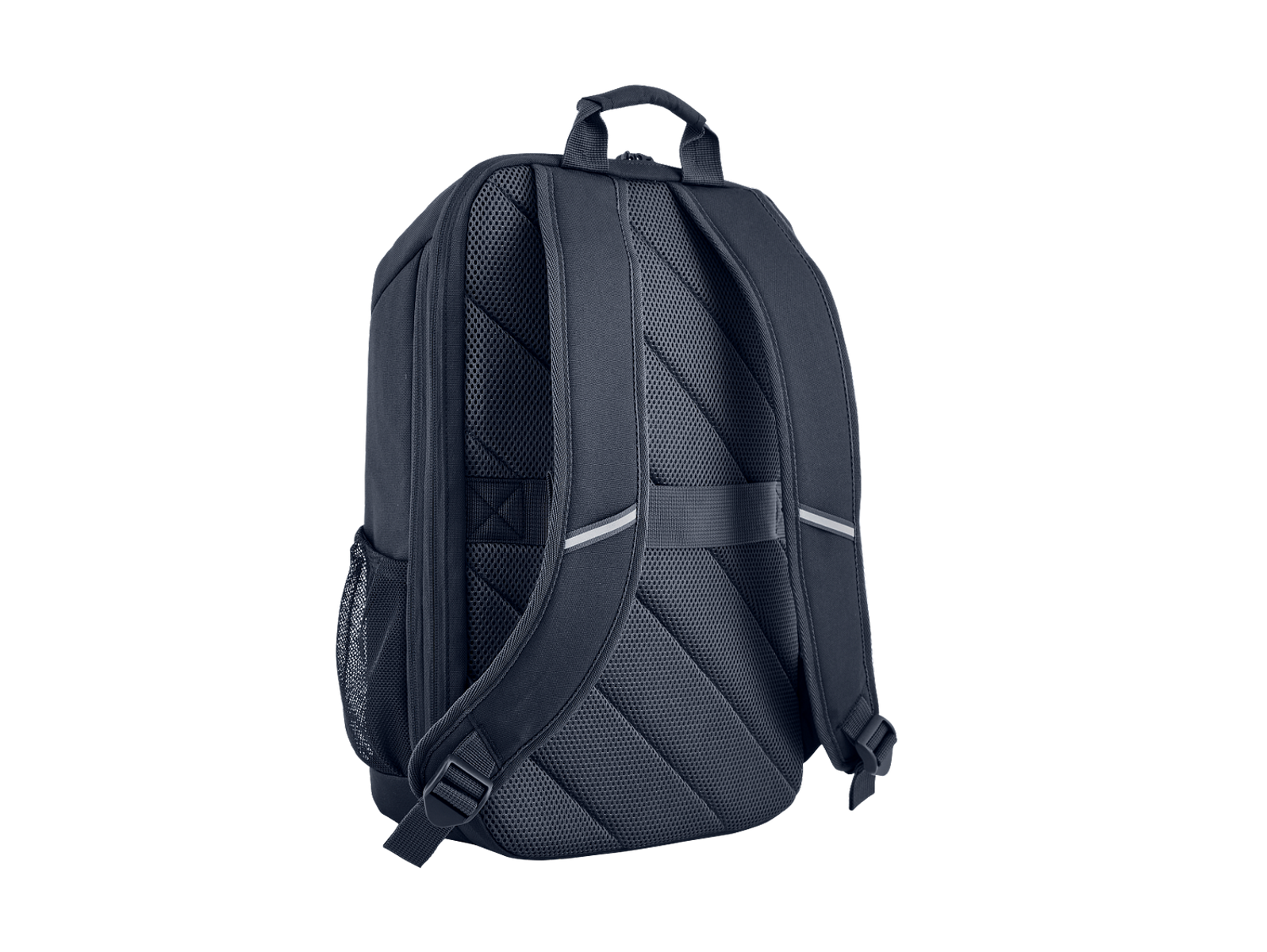 Mochila azul oscuro desde atrás con correas acolchadas y tela de malla.