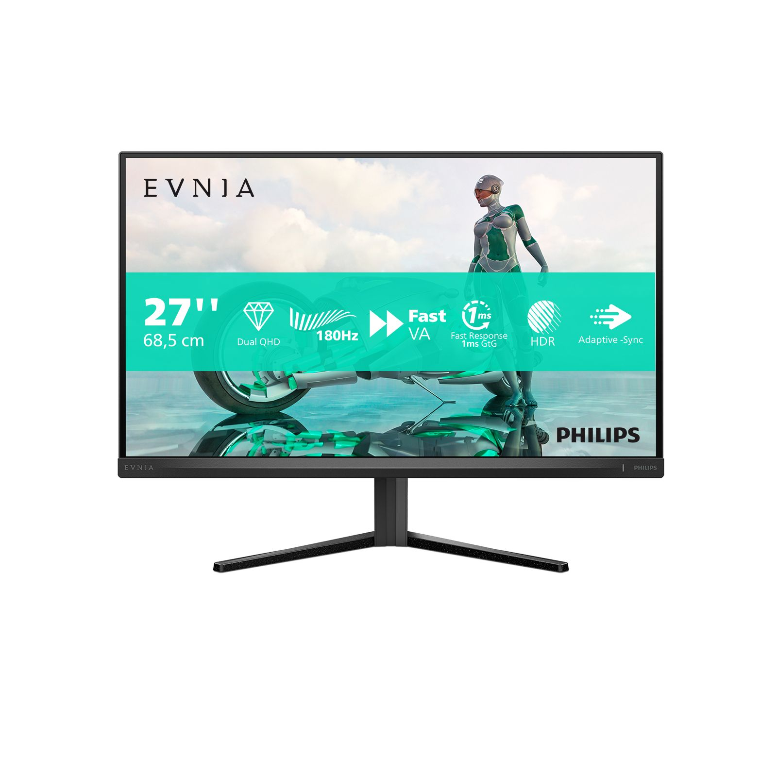 Un monitor de 27 pulgadas con marca EVNJIA, que muestra un personaje futurista y especificaciones técnicas.