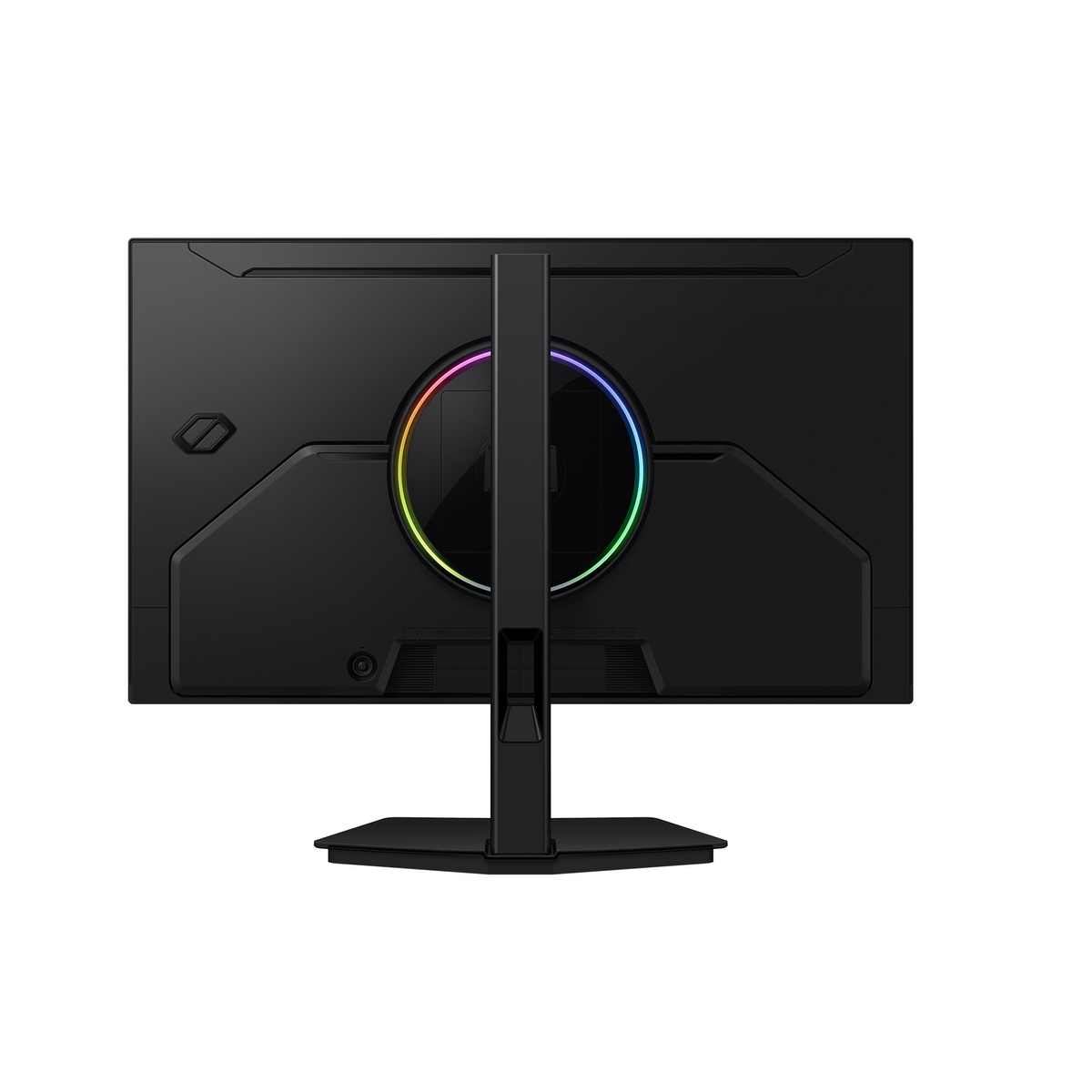 Rückseite eines schwarzen Monitors mit einem Standfuß und RGB-Beleuchtung.
