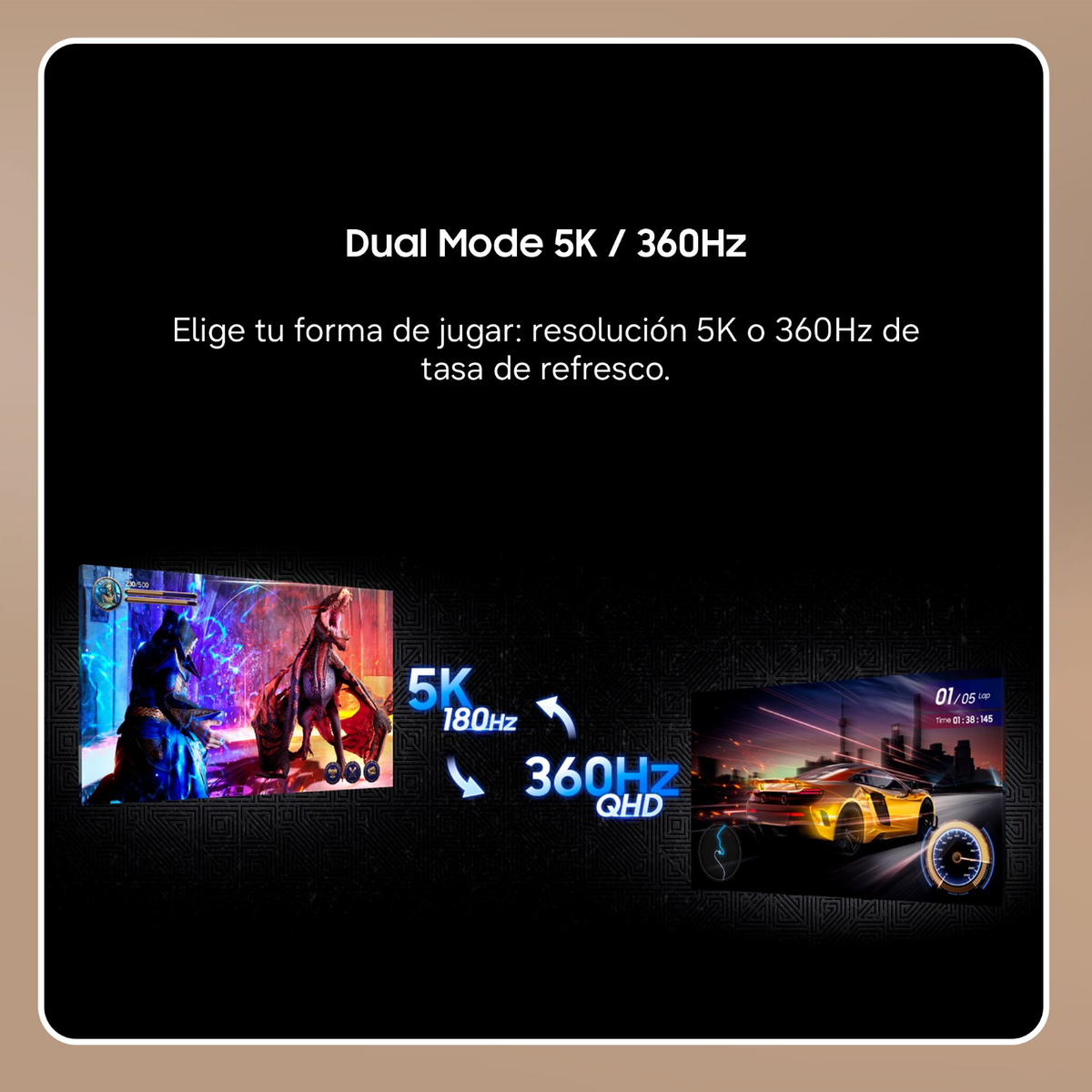 Zwei Spieleansichten: 5K-Auflösung und 360Hz-Bildrate.