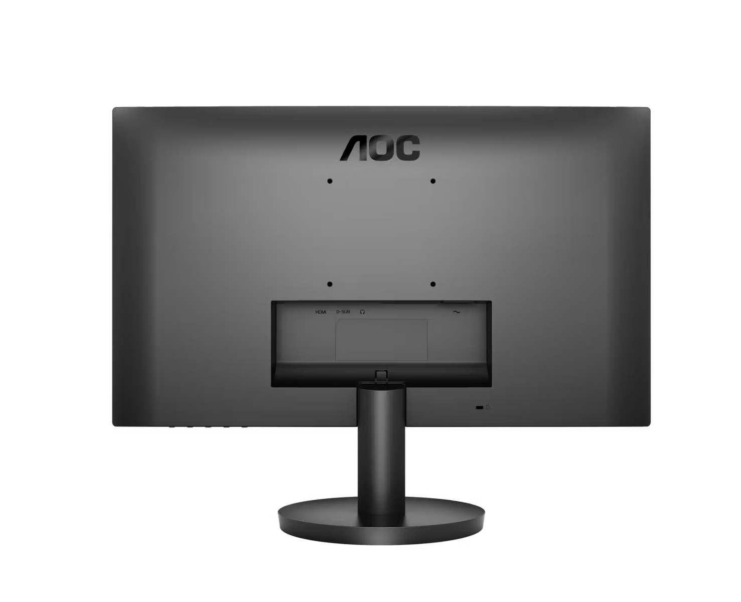 Tył czarnego monitora AOC z portami HDMI, D-SUB i okrągłą podstawą.