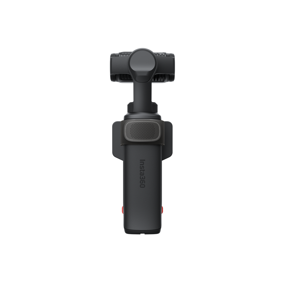 Doku tutamaklı ve kırmızı düğmeli siyah bir Insta360 gimbal dengeleyicisi.