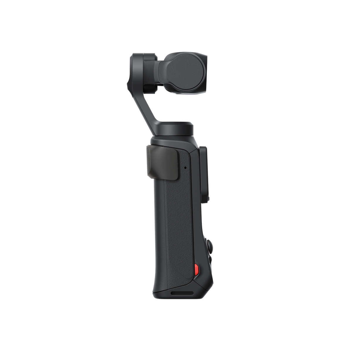 Siyah arka plan üzerinde tutamaklı, düğmeli ve kamera yuvalı siyah gimbal.