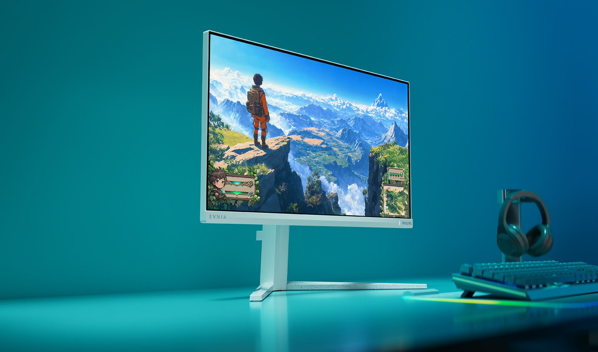 Un hombre de naranja se alza en un acantilado con vista a un paisaje montañoso. Un monitor muestra un juego.