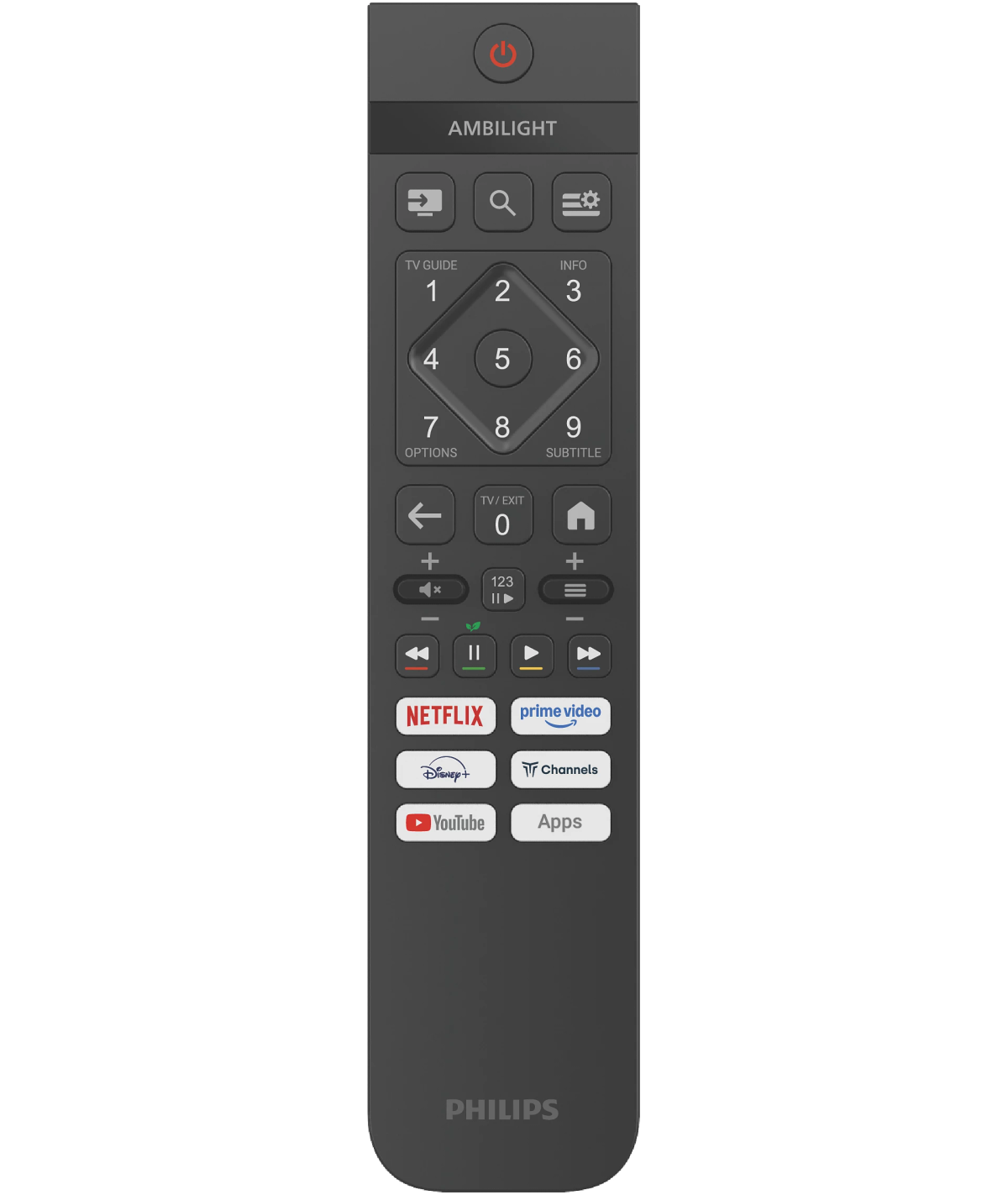 Un control remoto oscuro con logo Ambilight, teclas numéricas e íconos de apps.