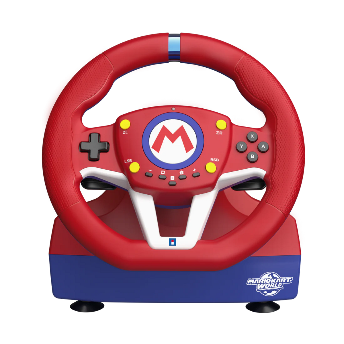 Ein rotes Mario Kart-Lenkrad mit blauer Basis und Mario-Logo.
