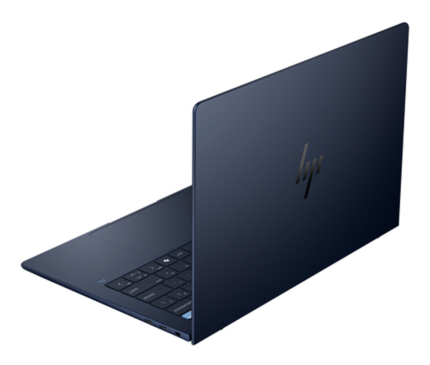 Un portátil HP azul oscuro se muestra sobre fondo blanco, parcialmente abierto.