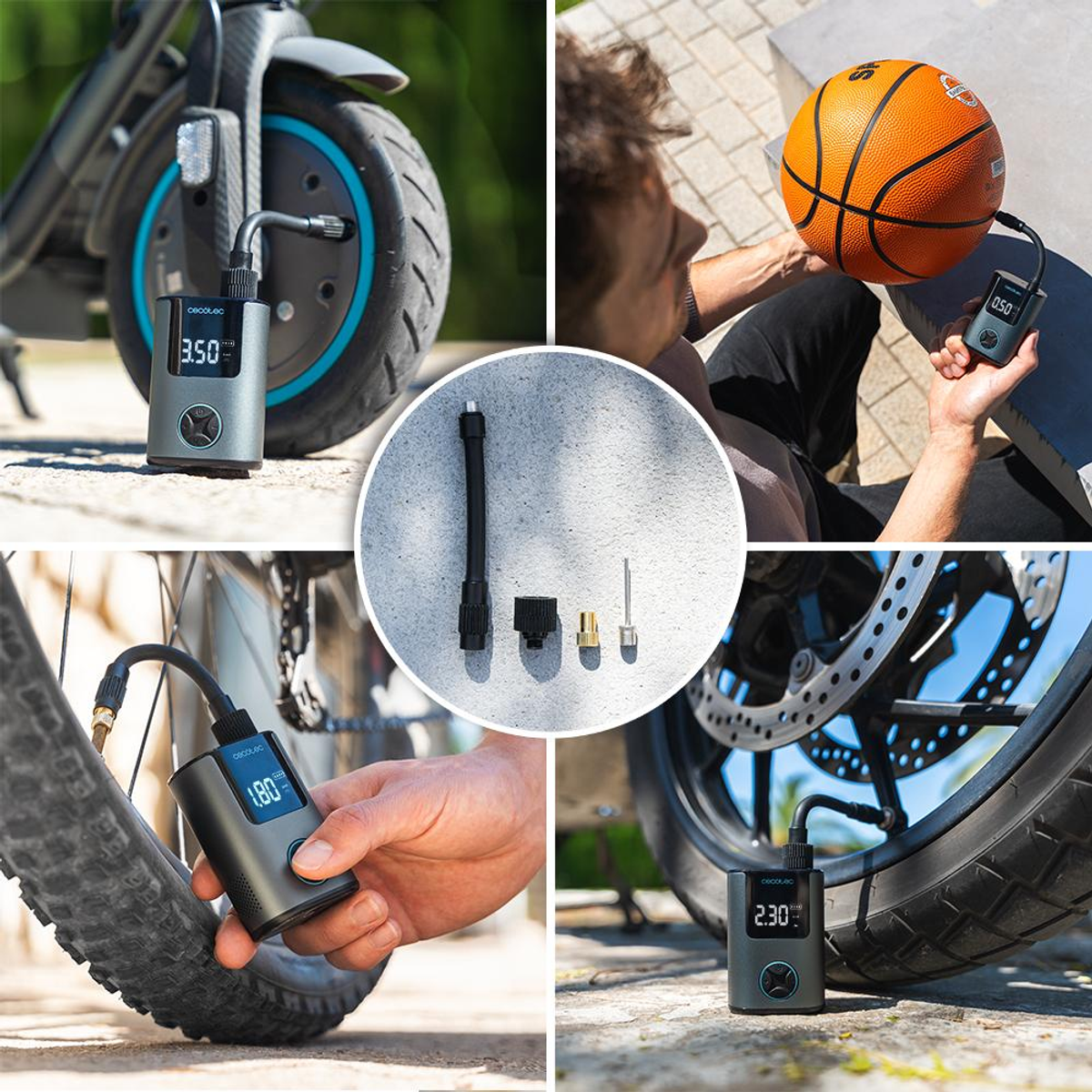 Un compresor portátil infla neumáticos de patinete, bicicleta, baloncesto y motocicleta.