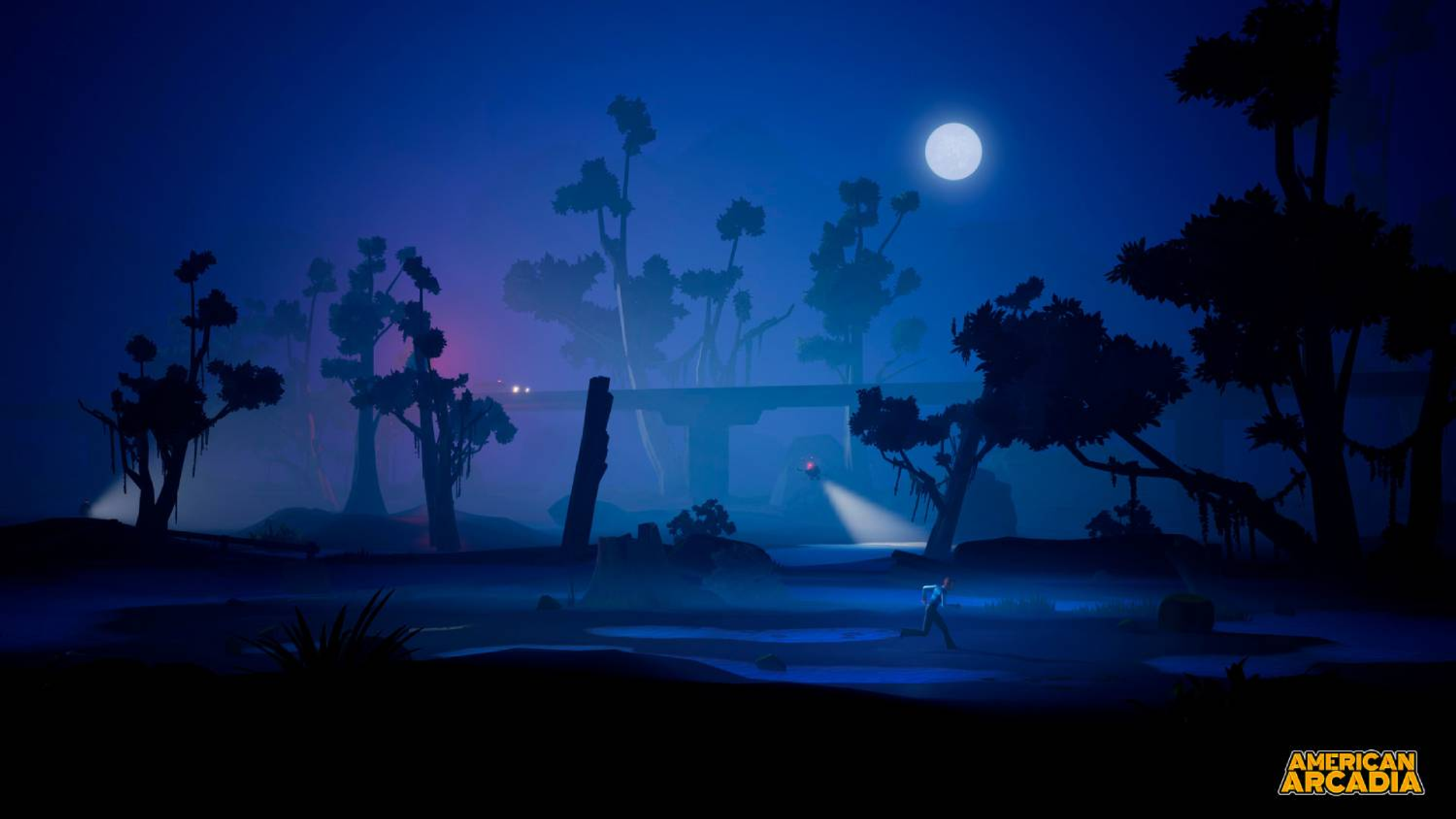 Scena notturna in una palude nebbiosa con luna piena, alberi in silhouette e un personaggio in corsa.