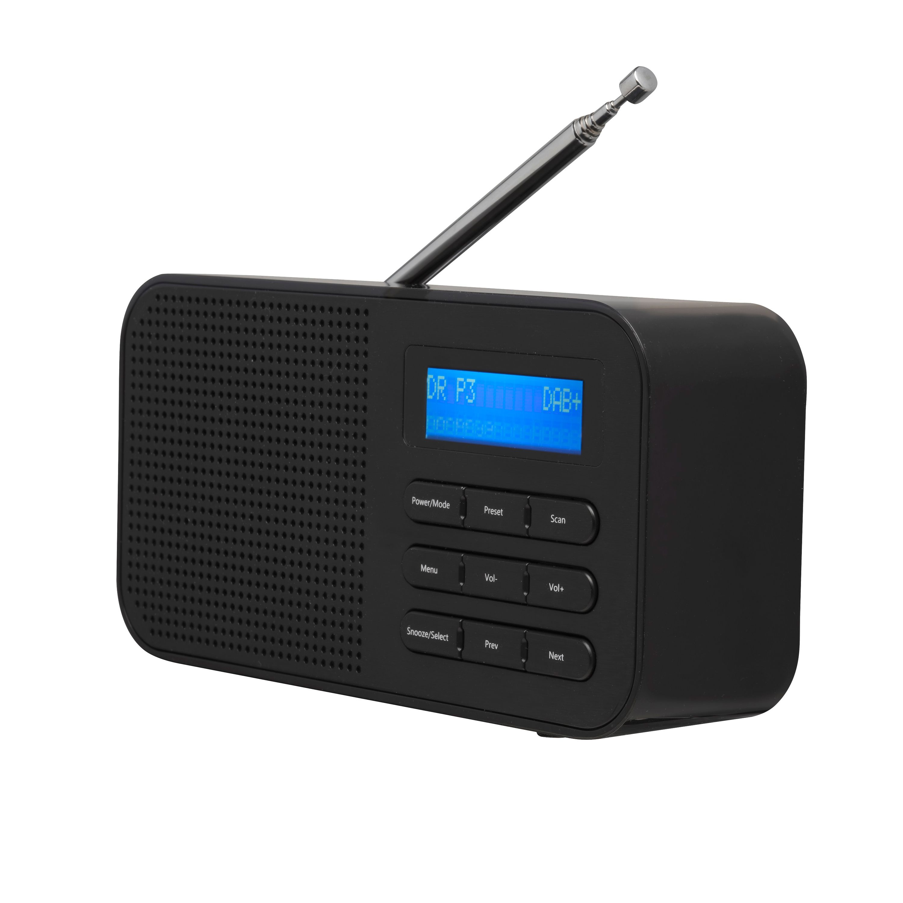 Radio DAB+ negra con antena extendida y pantalla azul.