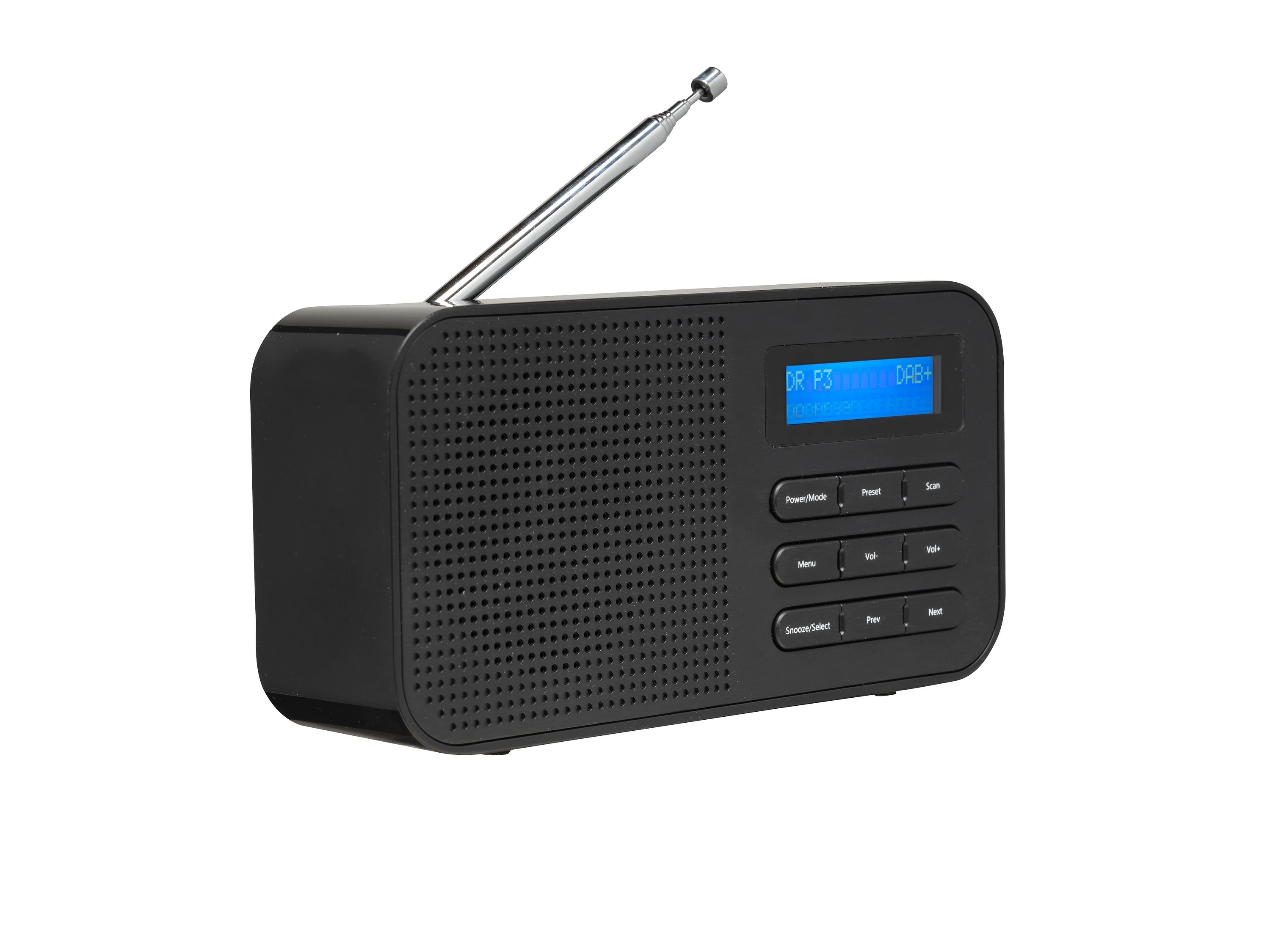 Una radio DAB+ negra con antena extendida y pantalla azul.