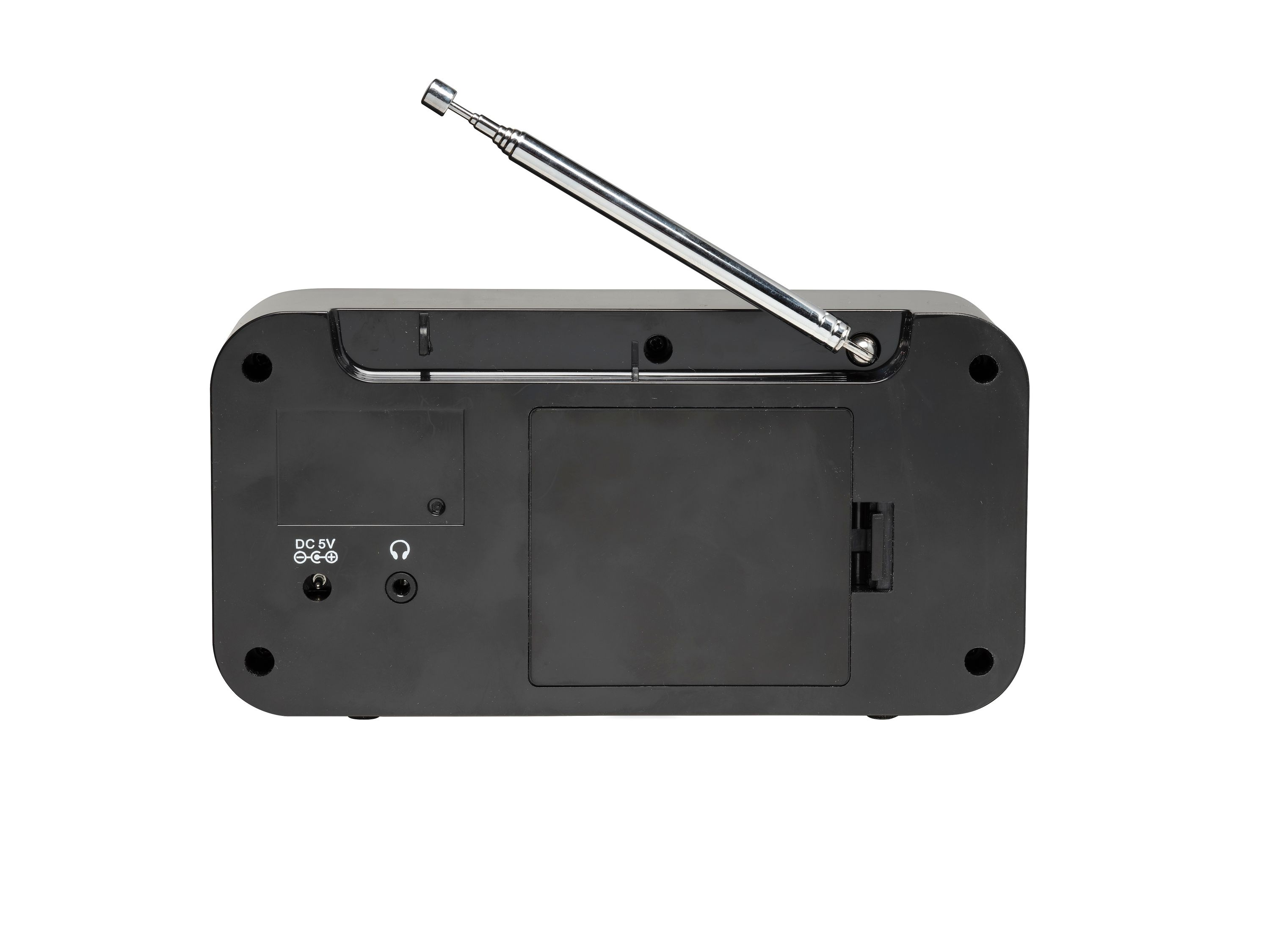 Radio negra con antena extendida, entrada DC 5V y conector de auriculares.