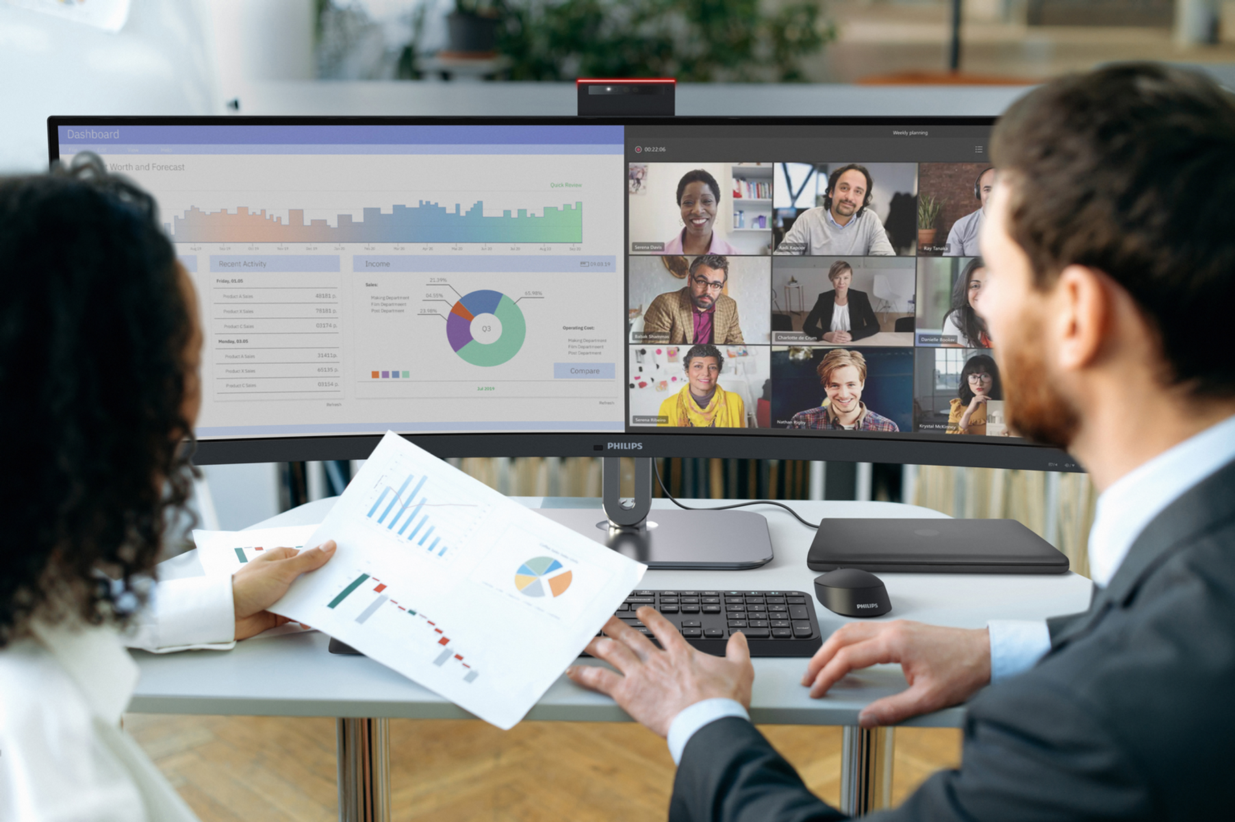 Due persone guardano un grande monitor con dashboard e videoconferenza.