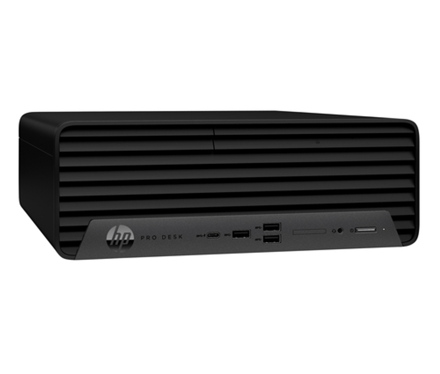 Ordenador HP Pro Desk negro con rejillas horizontales y puertos frontales.