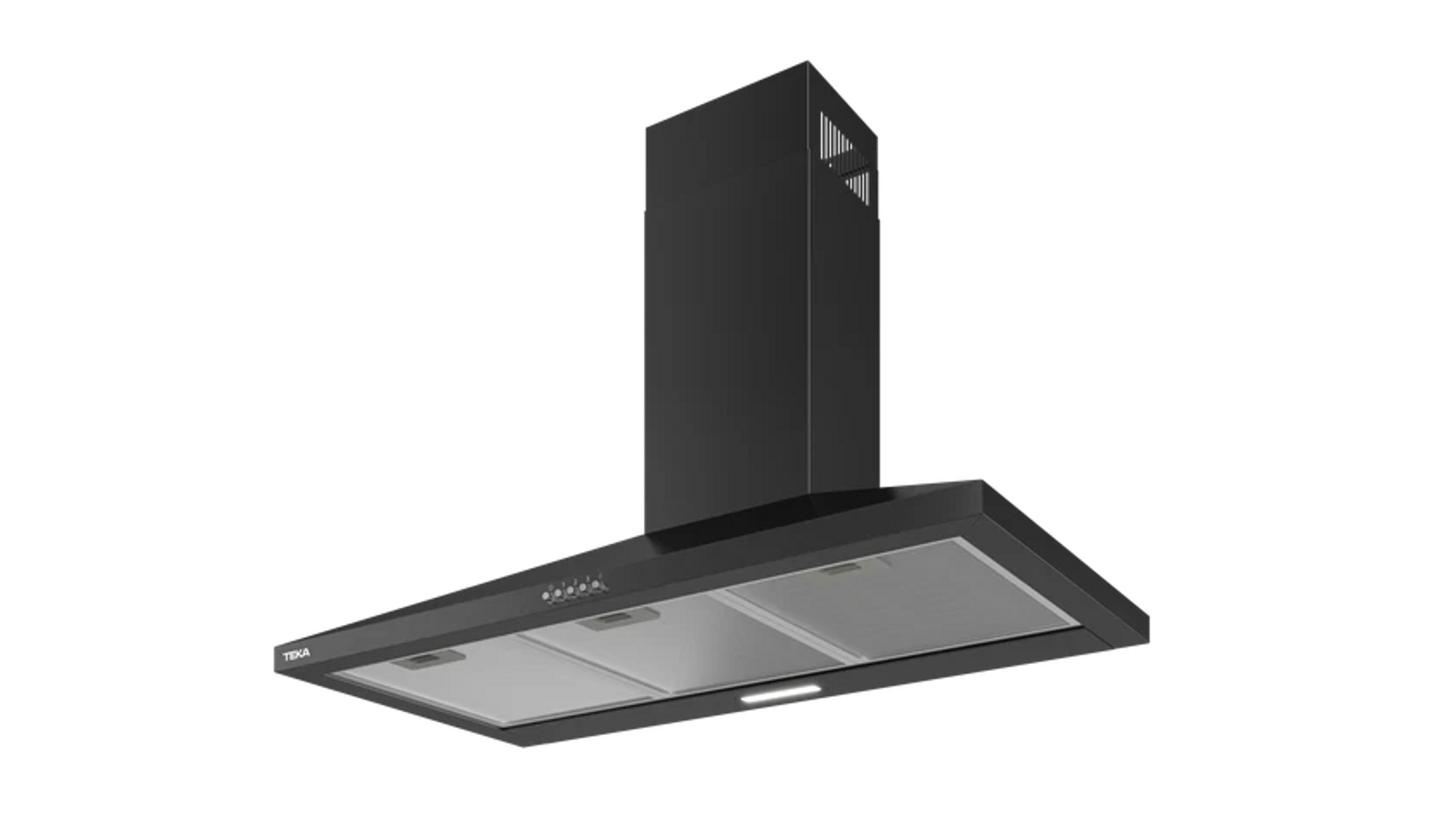 Campana extractora negra con filtros metálicos y luz integrada.