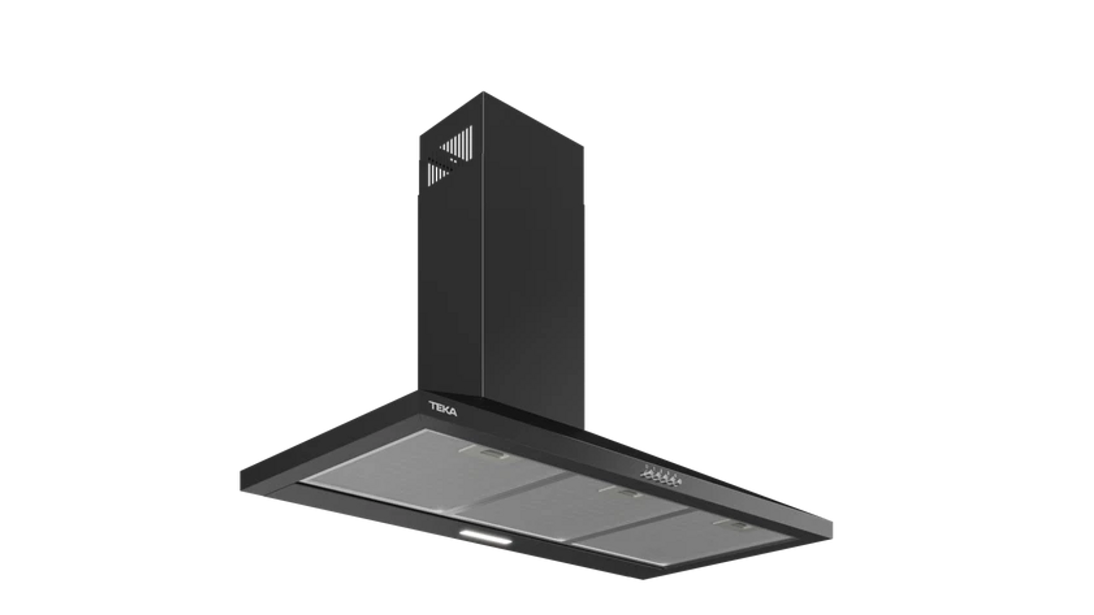 Campana extractora negra con filtros y panel de control plateados.