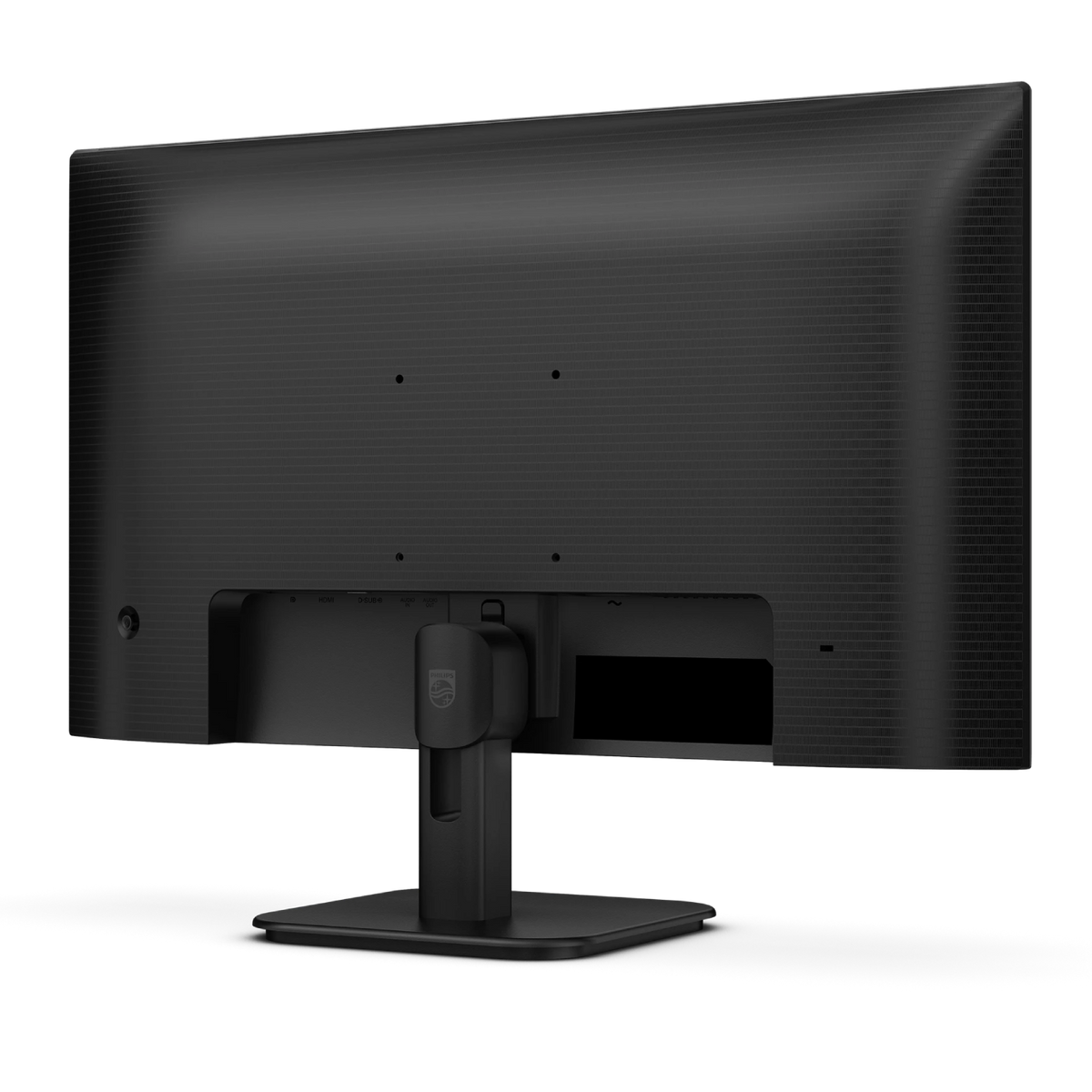 Widok z tyłu czarnego monitora Philips na stojaku z różnymi portami.