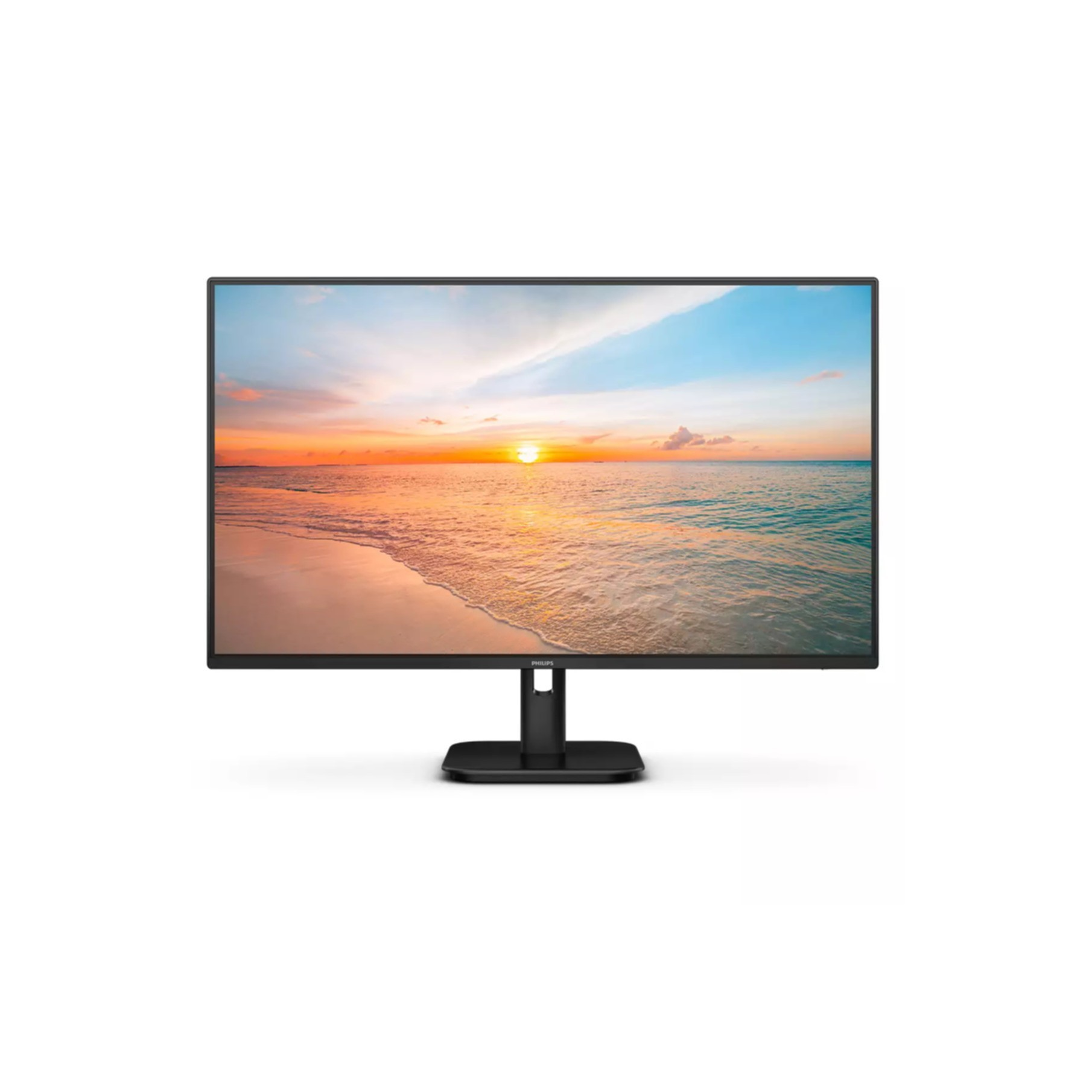 Monitor wyświetla plażę o zachodzie słońca z falami i chmurami.