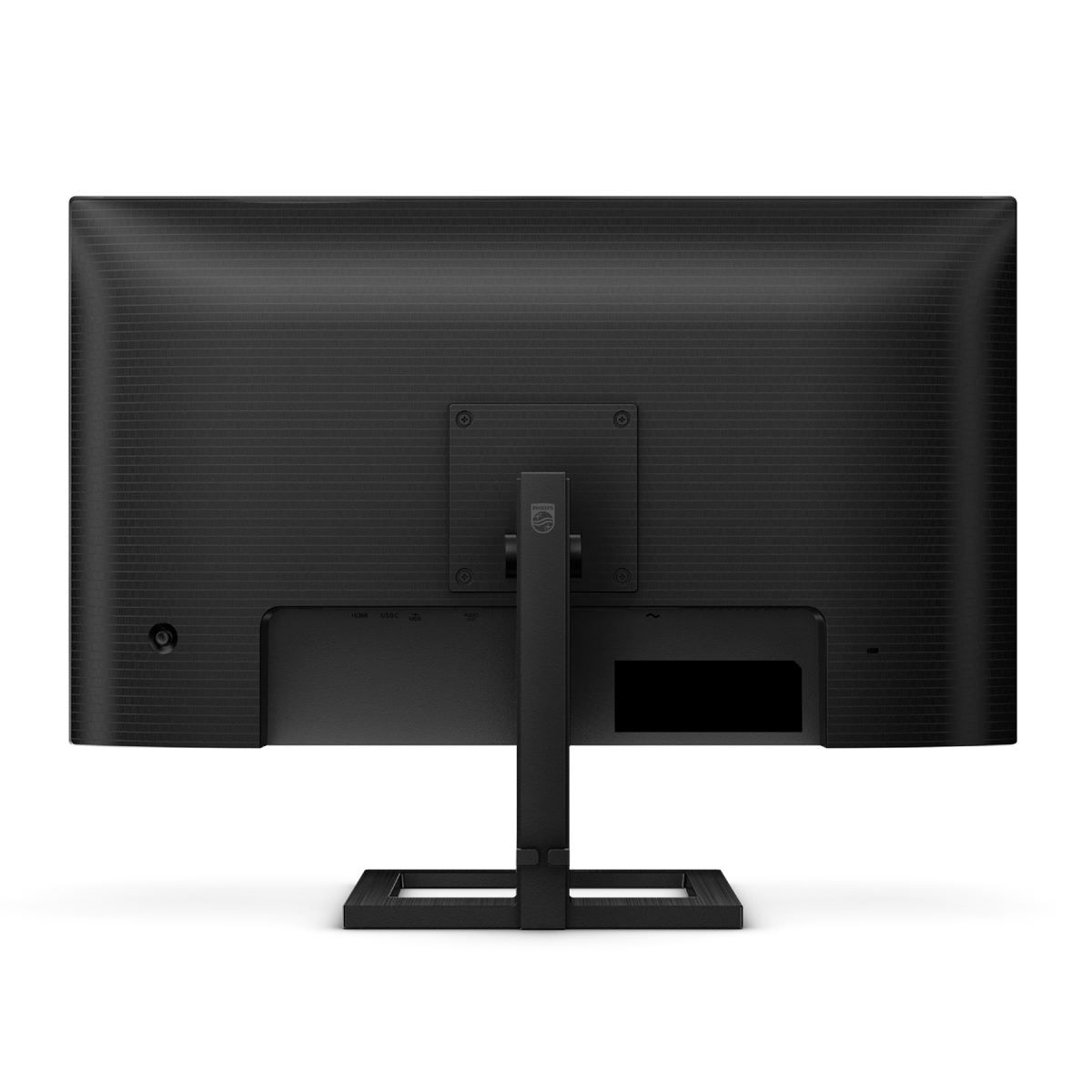Achterkant van een zwarte monitor met Philips-logo, poorten en standaard.