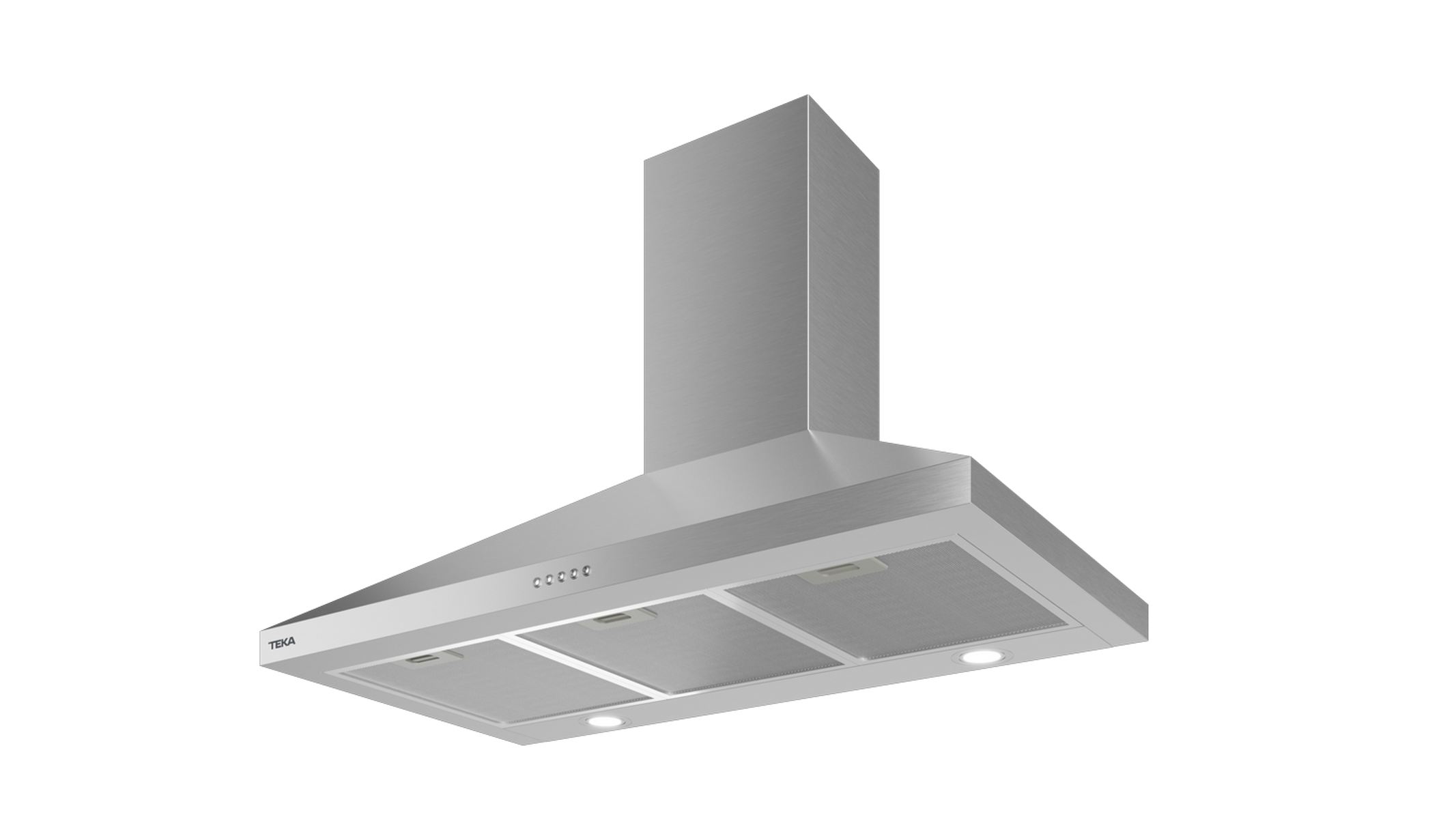 Cappa da cucina in acciaio inox con luci e controlli, su sfondo nero.
