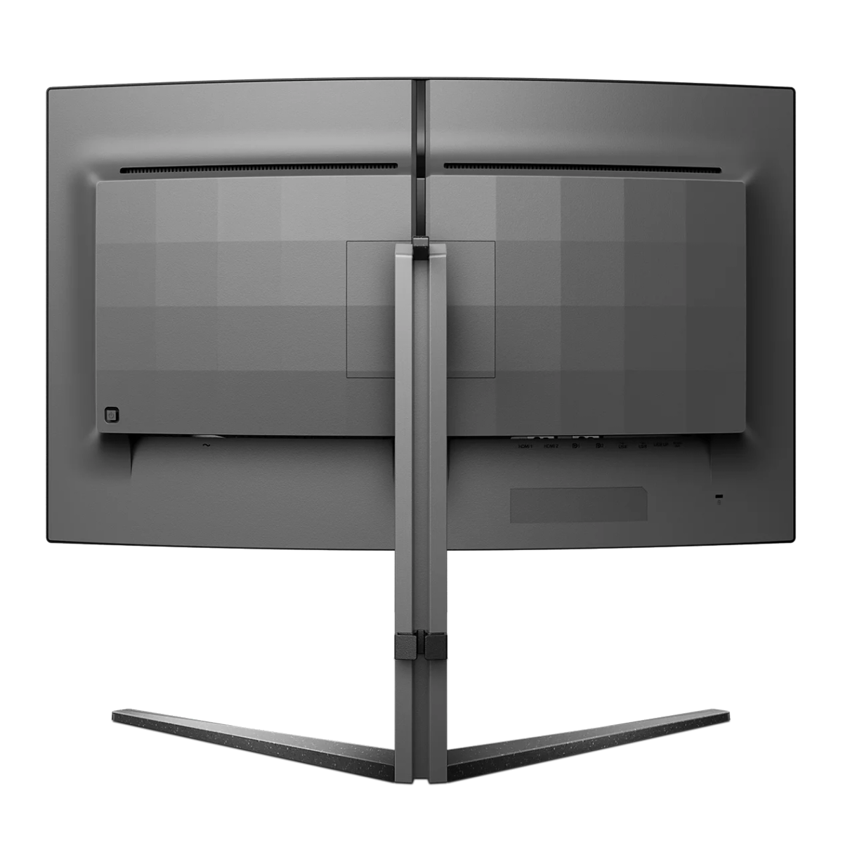 Vista posteriore di un monitor curvo a doppio schermo con supporto.
