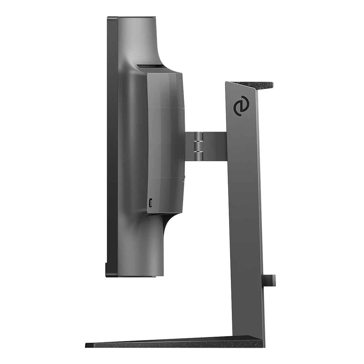 Supporto monitor grigio con logo Hinge, vista laterale.