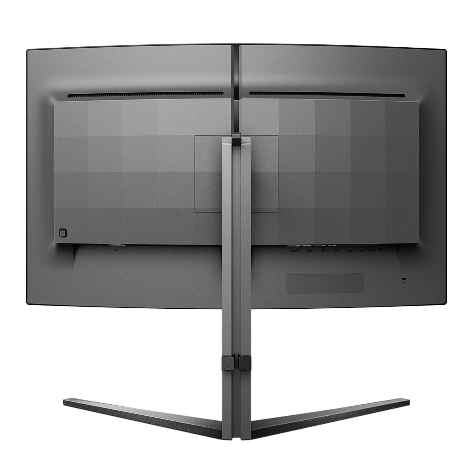 Retro di un monitor grigio con supporto e porte.