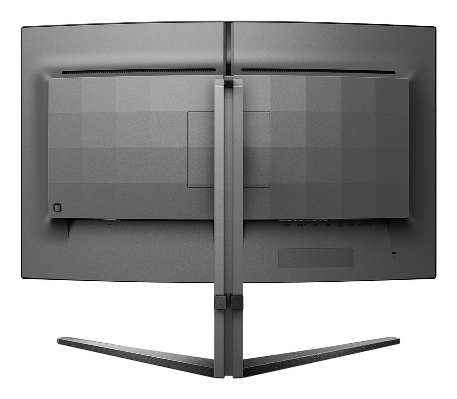 Vista posteriore di un monitor duale grigio collegato da un supporto.